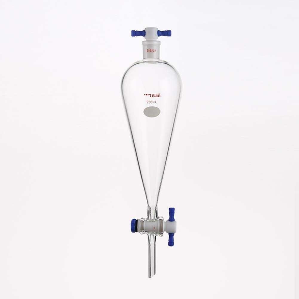 Premium 250ml Borosilicate Glass Heavy Wall Conical Separatory Funnel - 19/22 Joints & PTFE Stopcock - Ideal for Chemistry Labs, Essential Oil Extraction, and Liquid Separation
