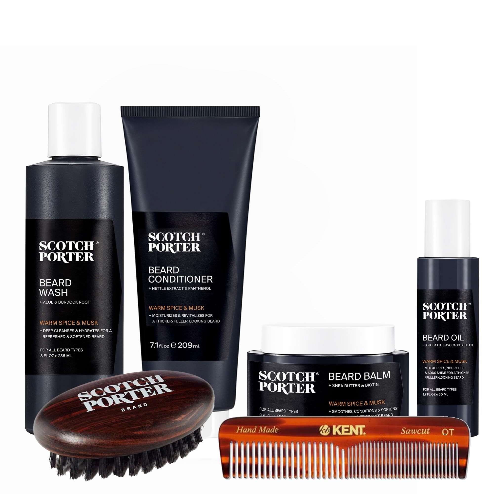 Scotch Porter Ultimate Beard Growth Kit - Beard Wash, Conditioner, Oil, Balm, Brush & Comb Set for Men - Moisturizing & Styling Grooming Products for Fuller, Healthier Facial Hair - Perfect for Daily Beard Care Routine & Gift for Bearded Men
