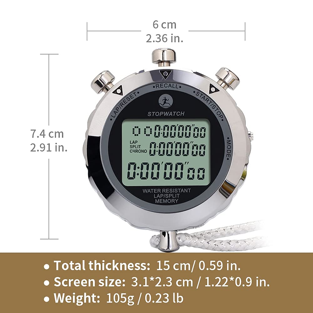 Digital Stopwatch with 10 Lap Memory - Water Resistant Metal Sports Timer for Track & Field, Swimming, Basketball, and Fitness Training