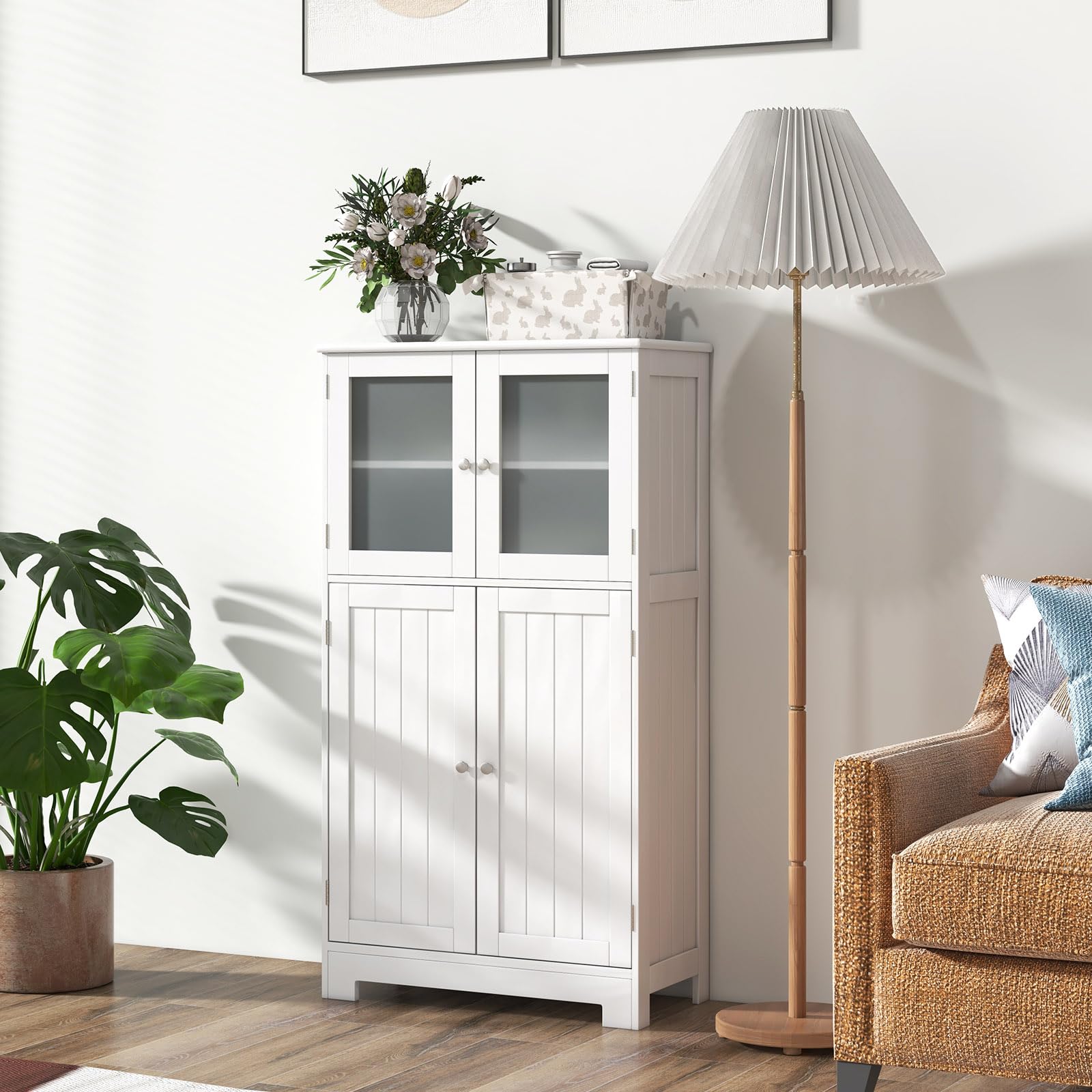 Space-Saving Wooden Bathroom Cabinet with 2 Glass Doors - 30 x 60 x 109 cm White Bathroom Storage Organizer for Small Spaces - Perfect for Bathroom, Kitchen, Living Room & Bedroom Storage Solutions