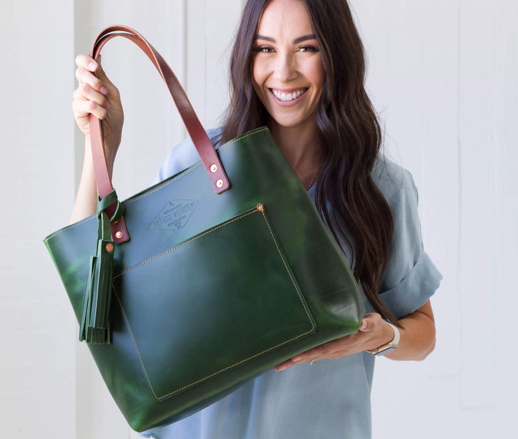 Green Leather Tote Bag for Women - Stylish Diaper & Laptop Bag