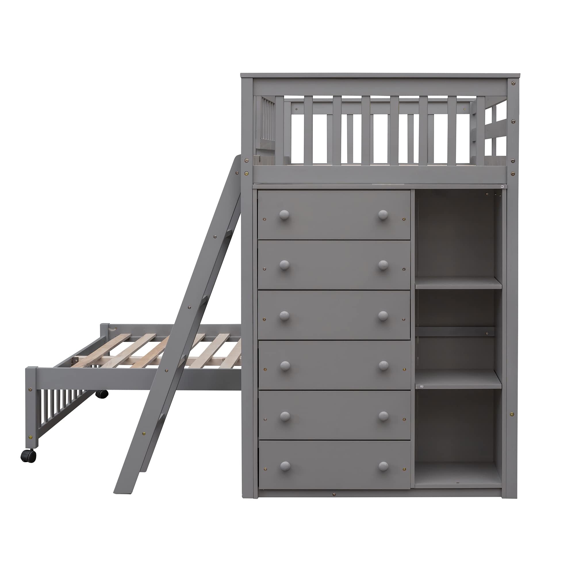 Harper & Bright Designs Twin Over Full Bunk Bed with 6 Storage Drawers & 3 Shelves - Wood Loft Bed with Movable Lower Bed, No Box Spring Needed (Gray, Wheels Included) - Perfect for Kids' Bedroom, Guest Room & Small Space Saving Solution