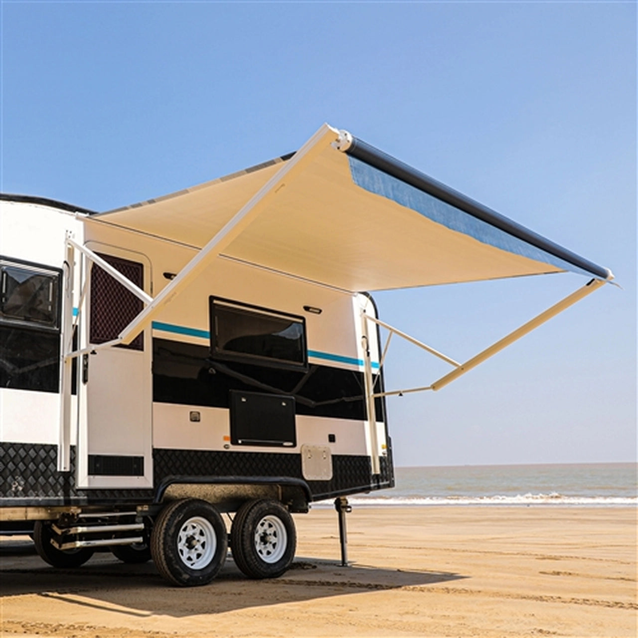 10 x 8 Feet Aleko Motorized Retractable RV Awning - Blue Striped Canopy for Camping & Outdoor Shade | Perfect for RVs, Trailers & Patio Use