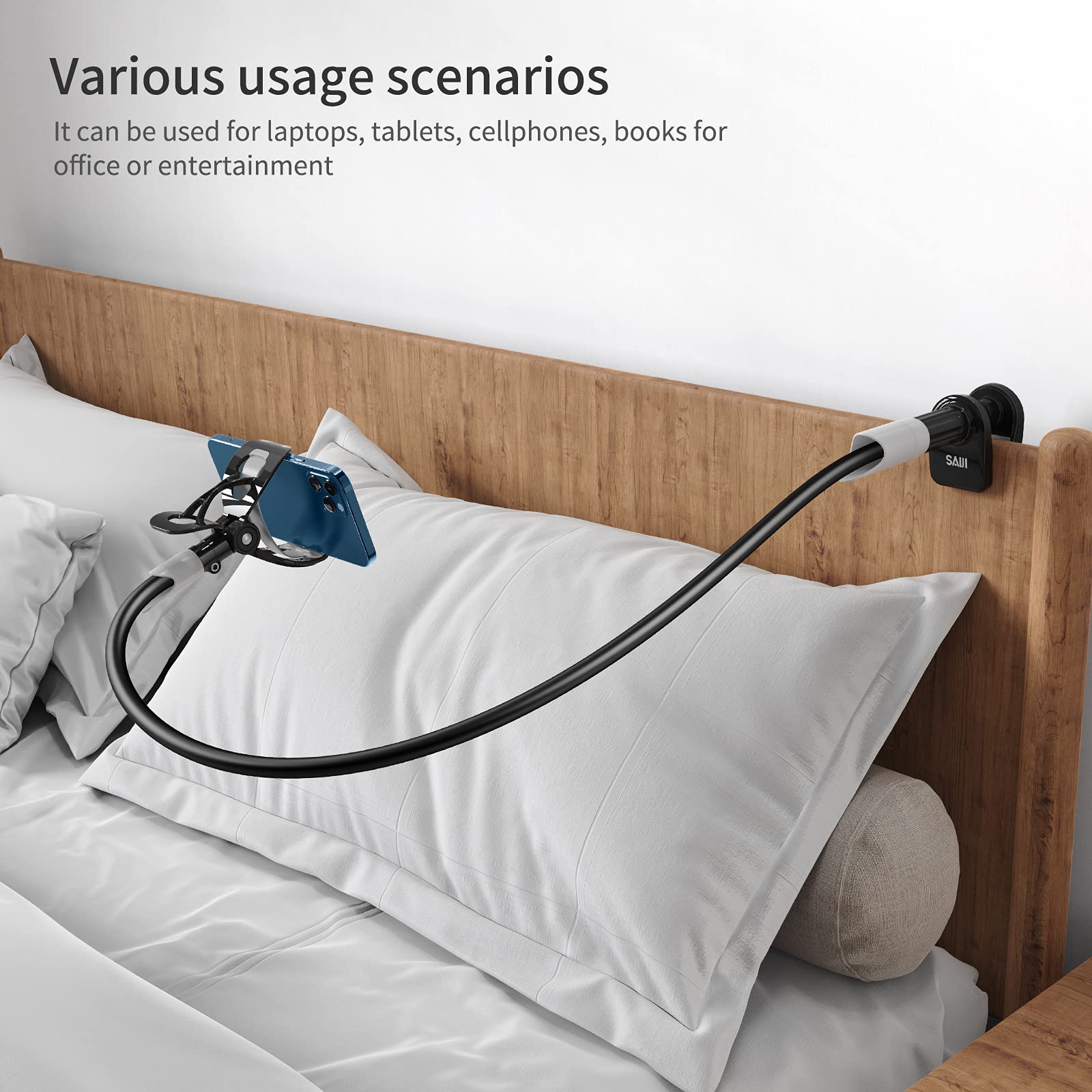 SAIJI Adjustable Gooseneck Phone & Tablet Stand Holder for Bed, Desk, Office - Perfect for Hands-Free Viewing, Reading, and Video Calls