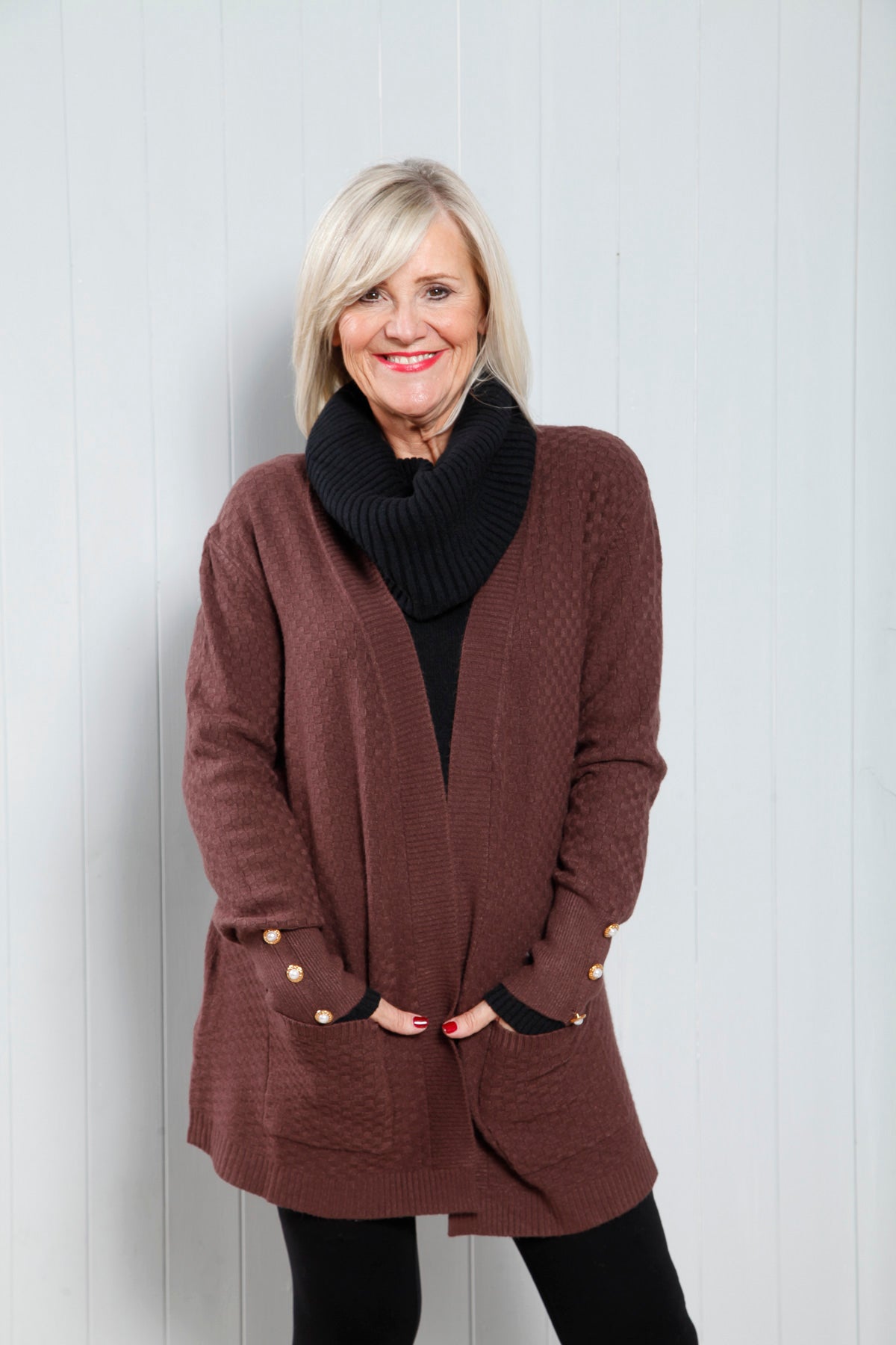 Golden Pearl Cardigan Chocolate - Elegant Knit Sweater for Women, Soft & Warm Winter Fashion - Perfect for Office, Dates & Casual Outings