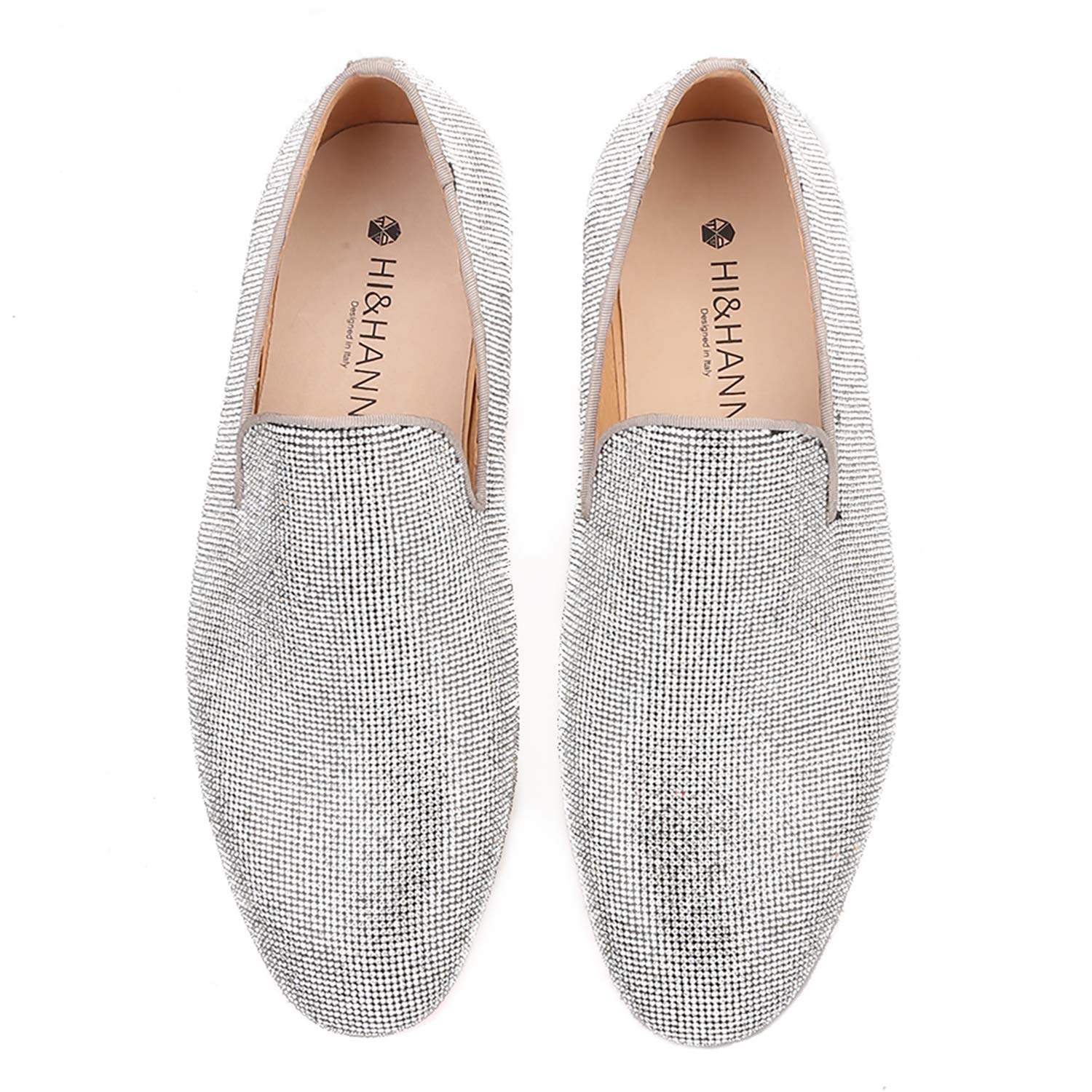 HI&HANN Silver Diamond Men's Dress Loafers - Formal Wedding Shoes & Party Shoes for Men - Comfortable Smoking Slippers & Business Flats - Perfect for Weddings, Proms, and Black Tie Events