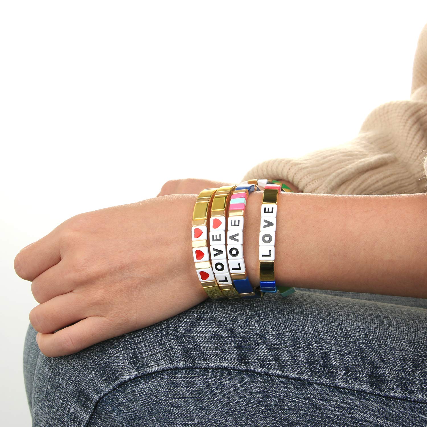 KELITCH Women's Stretch Beaded Bracelet Set - Colorful Enamel Arrow & Square Charm Bangles for Casual & Party Wear | Trendy Stackable Jewelry Gift for Her