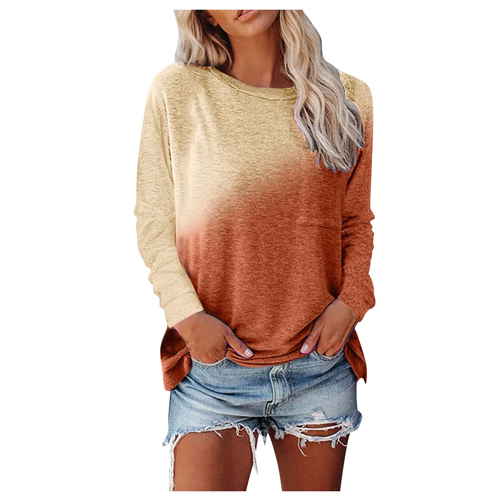 Women's Long Sleeve Crew Neck T-Shirt - Gradient Color Casual Blouse, Comfortable Tunic Top & Graphic Tee Sweatshirt for Everyday Wear, Work & Lounge