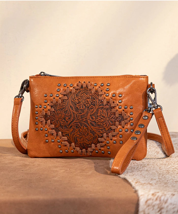 Montana West Genuine Leather Tooled Studded Crossbody Bag for Women - Stylish Western Boho Purse for Daily Use, Travel & Shopping