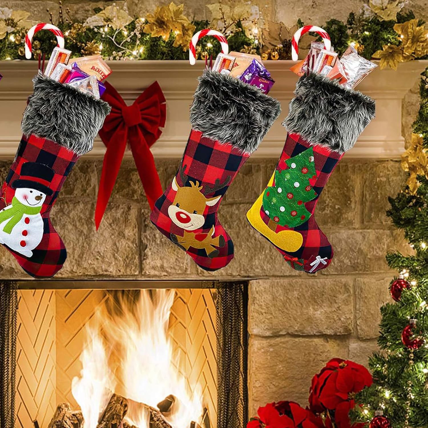 PATYDECRO 3-Pack Christmas Stockings Set - Buffalo Red Plaid with Soft Faux Fur, Large Xmas Stockings for Fireplace Hanging, Family Holiday Decorations | Perfect for Christmas Tree, Mantel Decor & Gift Exchange Parties