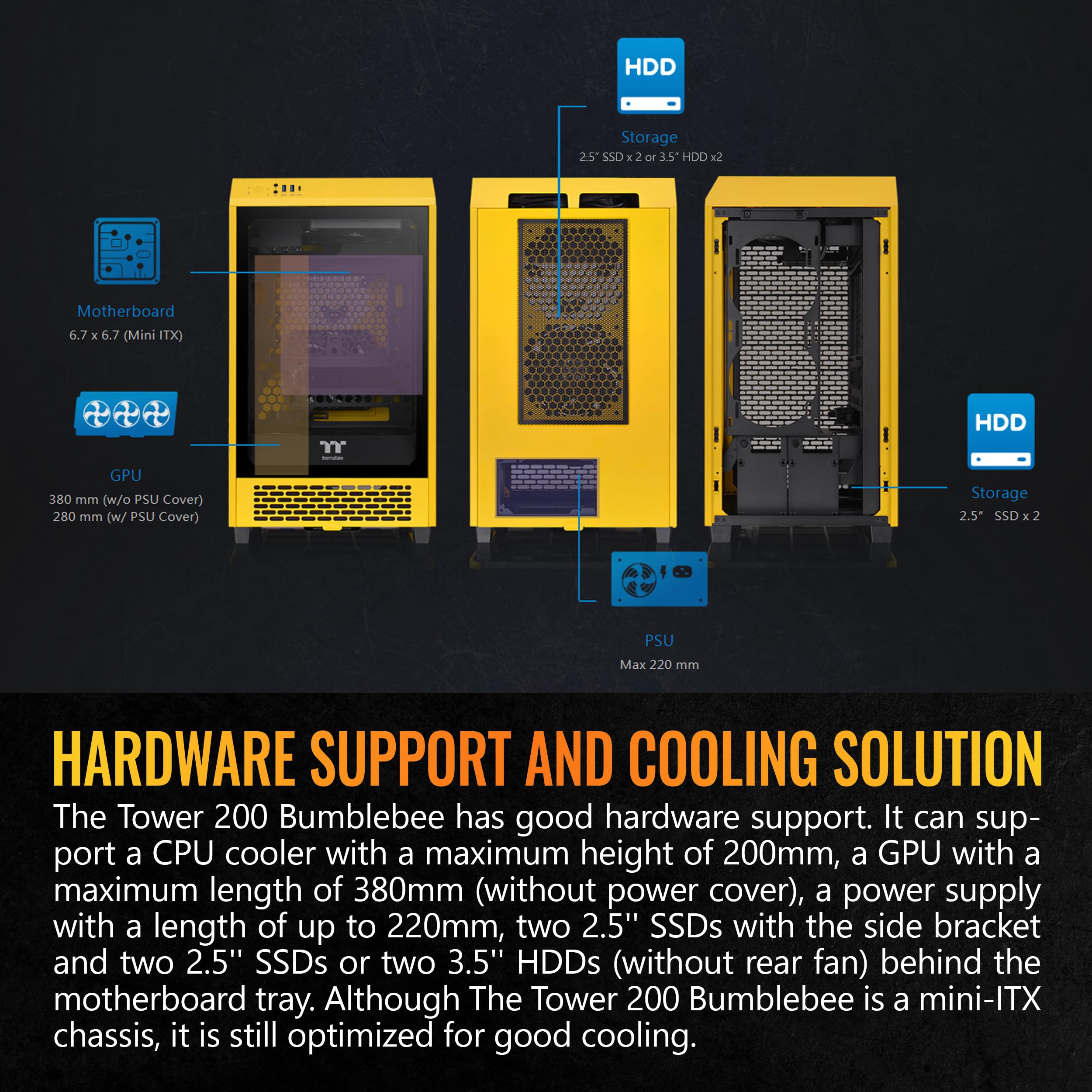 Thermaltake Tower 200 Mini-ITX PC Case - Compact Gaming Computer Case with 2x140mm Pre-Installed CT140 Fans, Supports GPU Up to 380mm (Bumblebee Yellow) - Perfect for Small Form Factor Builds, Home Office & Gaming Setups