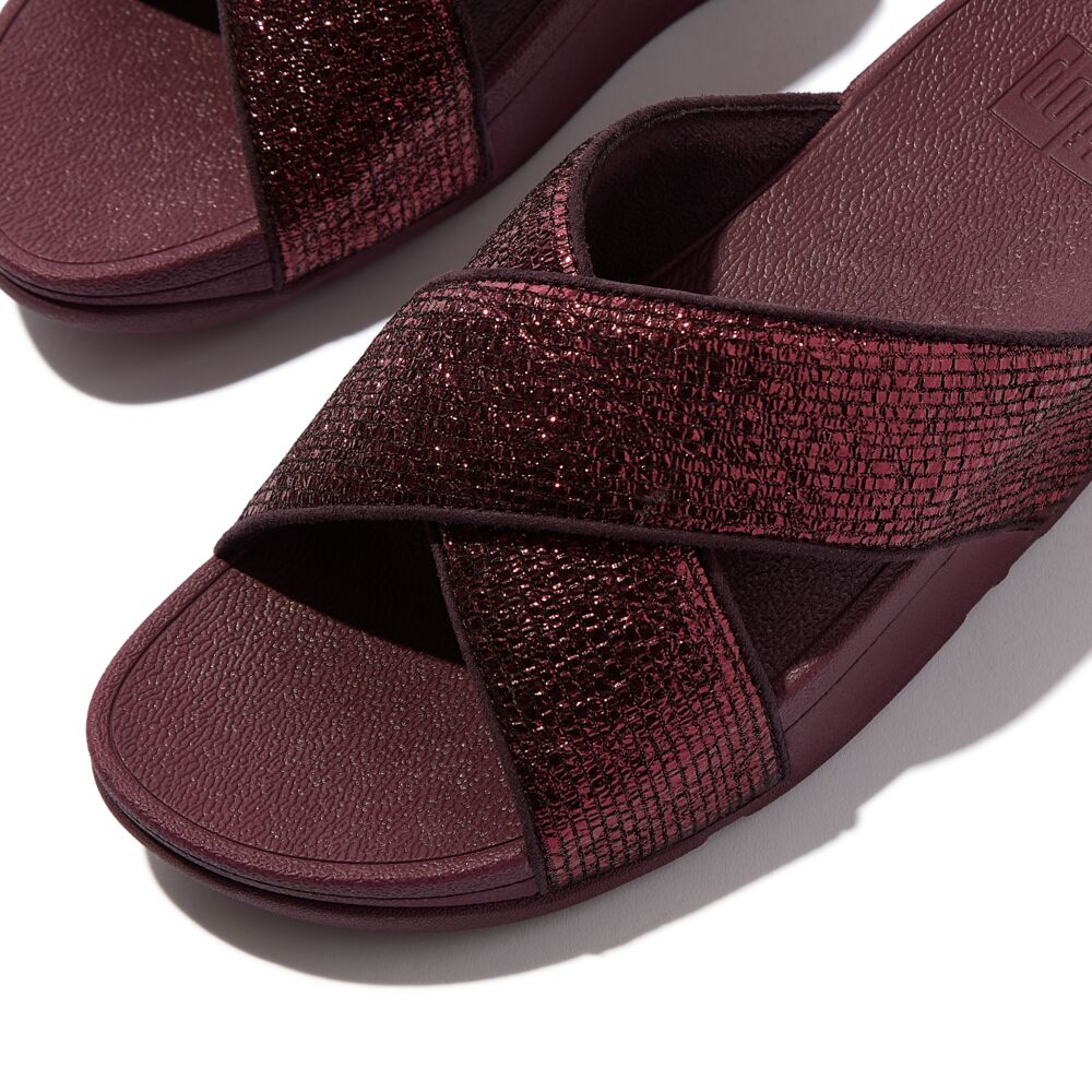 FitFlop Lulu Crinkled Shimmer Cross Slides Sandals for Women - Metallic Plumberry | Comfortable Summer Beach Sandals for Walking, Travel & Casual Outfits