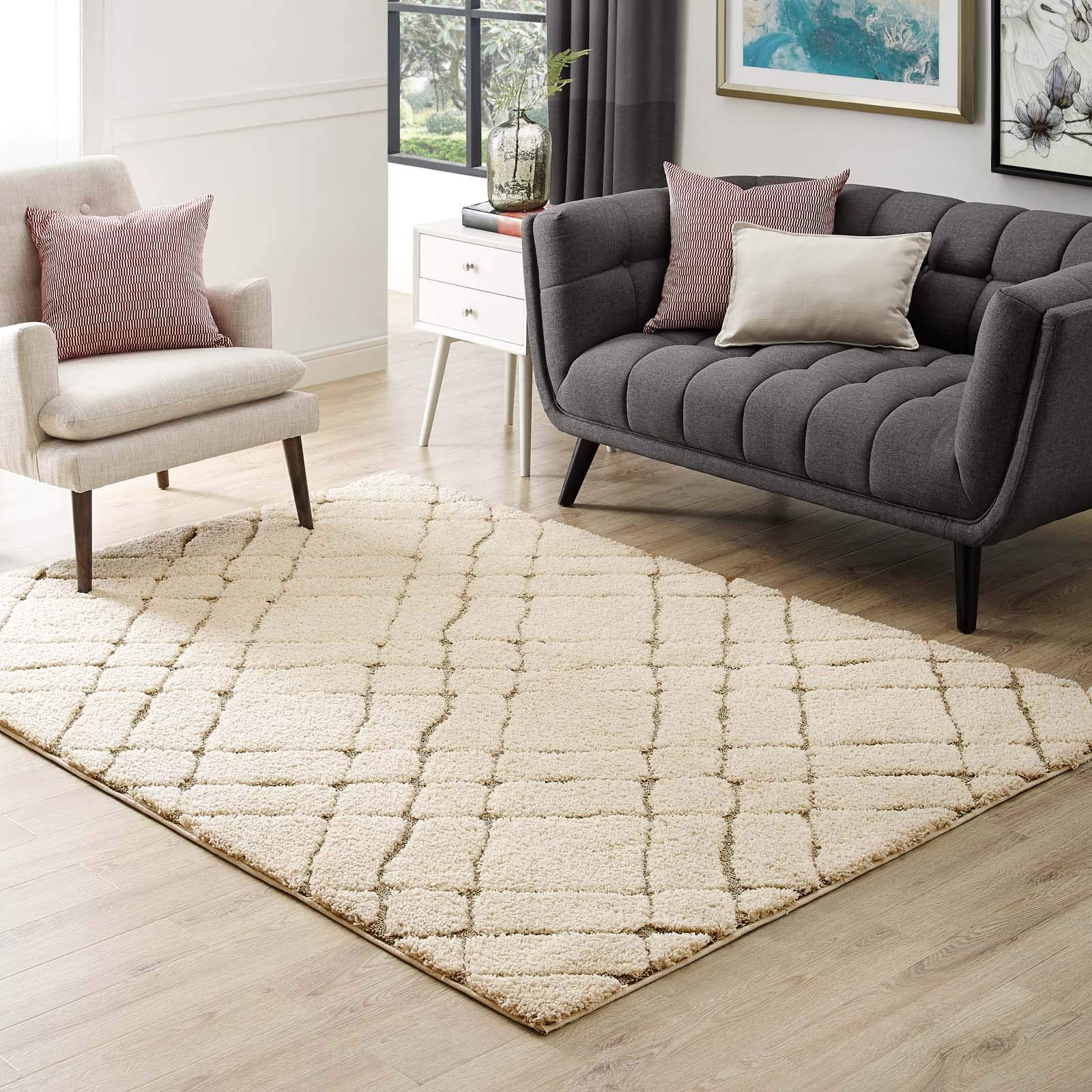 Modern Contemporary Urban Living Area Rug - Soft Fabric Floor Carpet Runner in Multi Beige | Perfect for Lounge, Living Room & Bedroom Decor