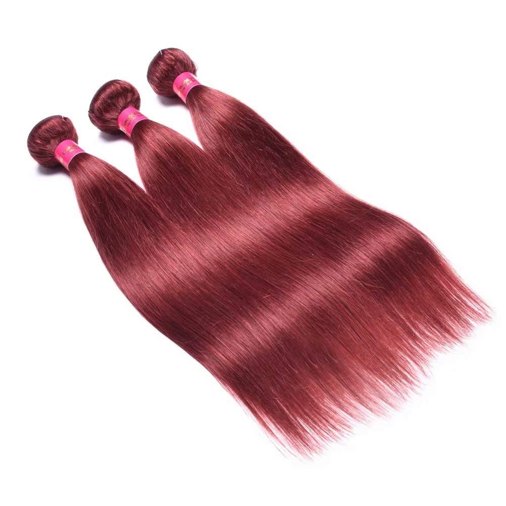 FEEL ME Straight Peruvian Human Hair 3 Bundles with Closure - Color 33 Virgin Peruvian Silky Straight Hair Extensions (18 20 22+18) - Light Auburn Red Remy Hair Weave for Daily Styling & Special Occasions