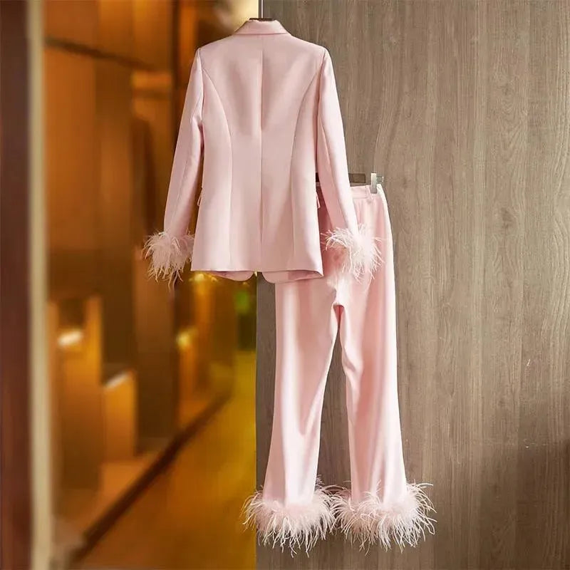 Elegant Pink Feather Pantsuit for Women - Luxury Party Jumpsuit with Feather Trim - Perfect for Evening Events, Prom, Cocktail Parties & Special Occasions