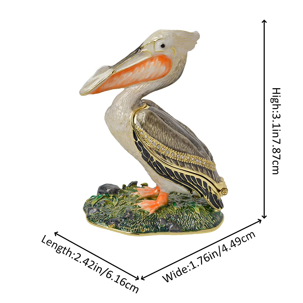 Golden Crystal Enameled Pelican Jewelry Box - Hand-Painted Hinged Bird Trinket Box for Necklaces & Rings | Elegant Home Décor & Unique Gift for Bird Lovers | Perfect for Dresser Display, Wedding Favors & Collectors
