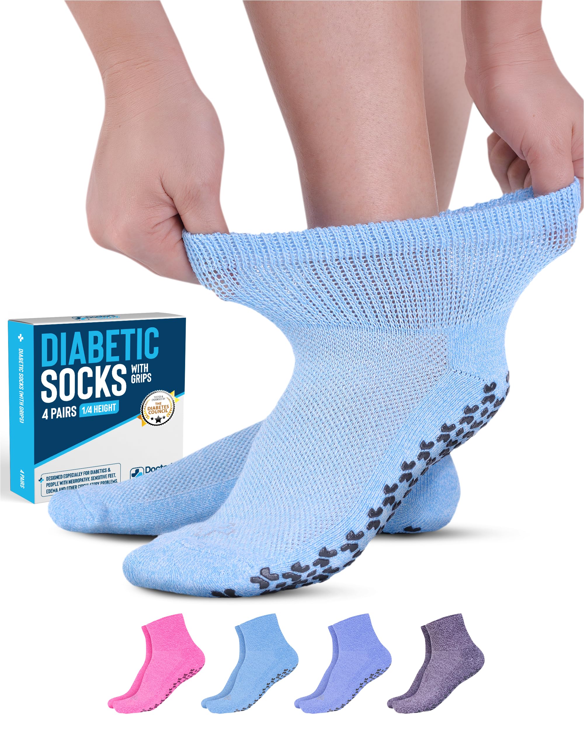 Doctor's Select Diabetic Ankle Socks with Non-Slip Grippers for Men & Women - 4 Pairs 1/4 Crew Length Neuropathy Socks for Circulation & Comfort - Ideal for Diabetes, Swelling & Daily Wear