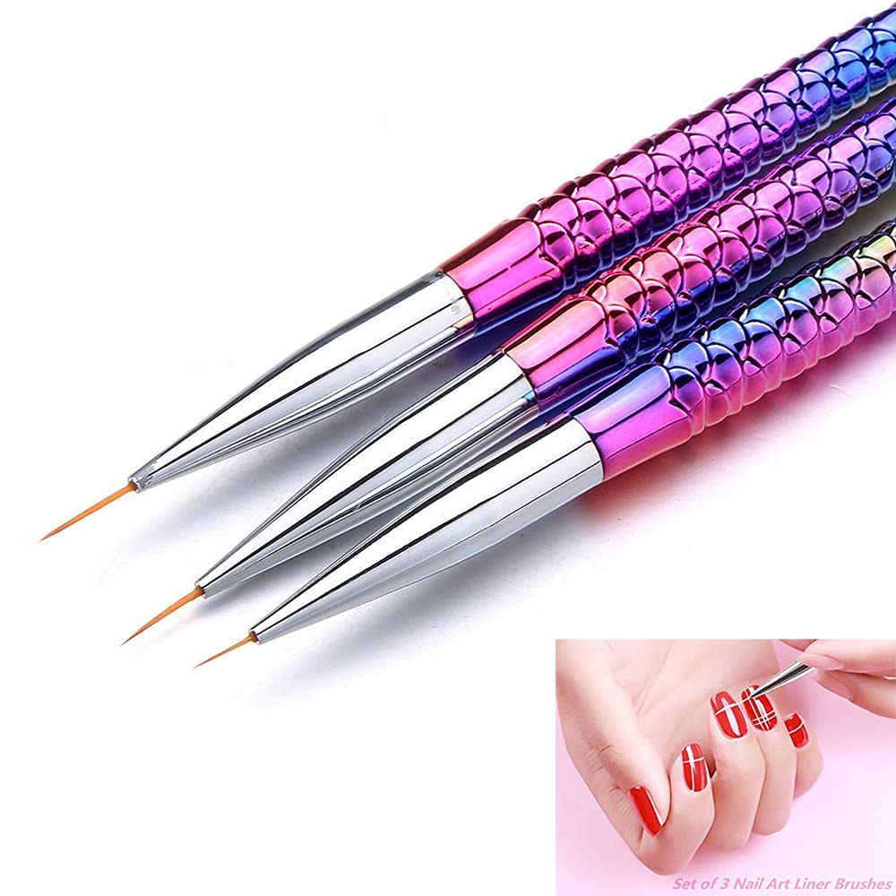 Gleevia 3pcs Fish Tail Nail Art Liner Brushes - Multicolor Plastic Heads & Handles for Fine Nail Art - Professional & DIY Nail Design - Perfect for Salon, Home Manicure & Nail Art Enthusiasts