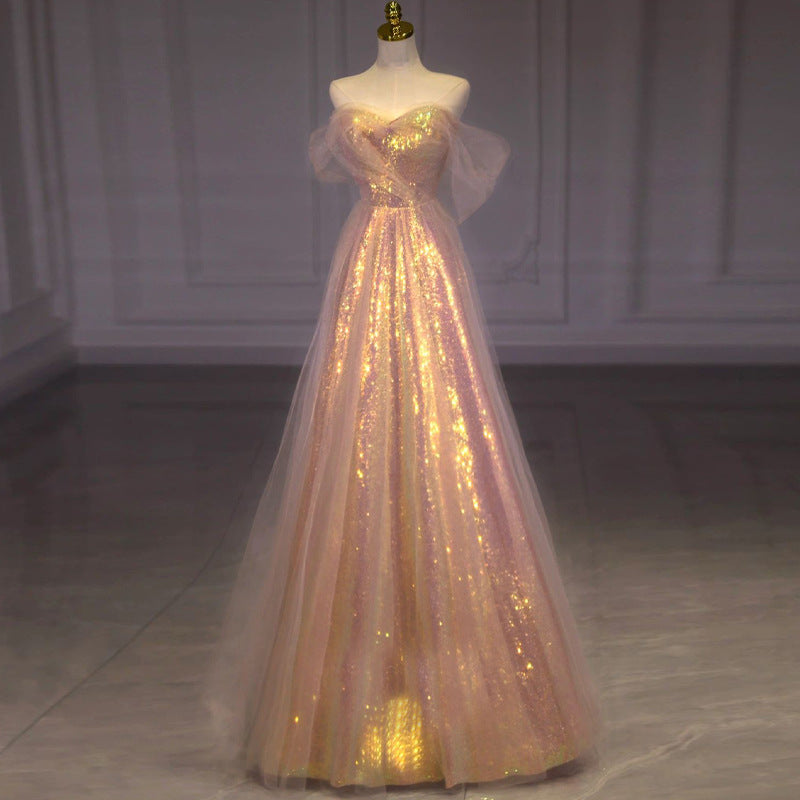 Sparkly Off Shoulder Pink Long Prom Dress with Bling - Elegant Evening Gown for Homecoming, Quinceañera & Formal Events