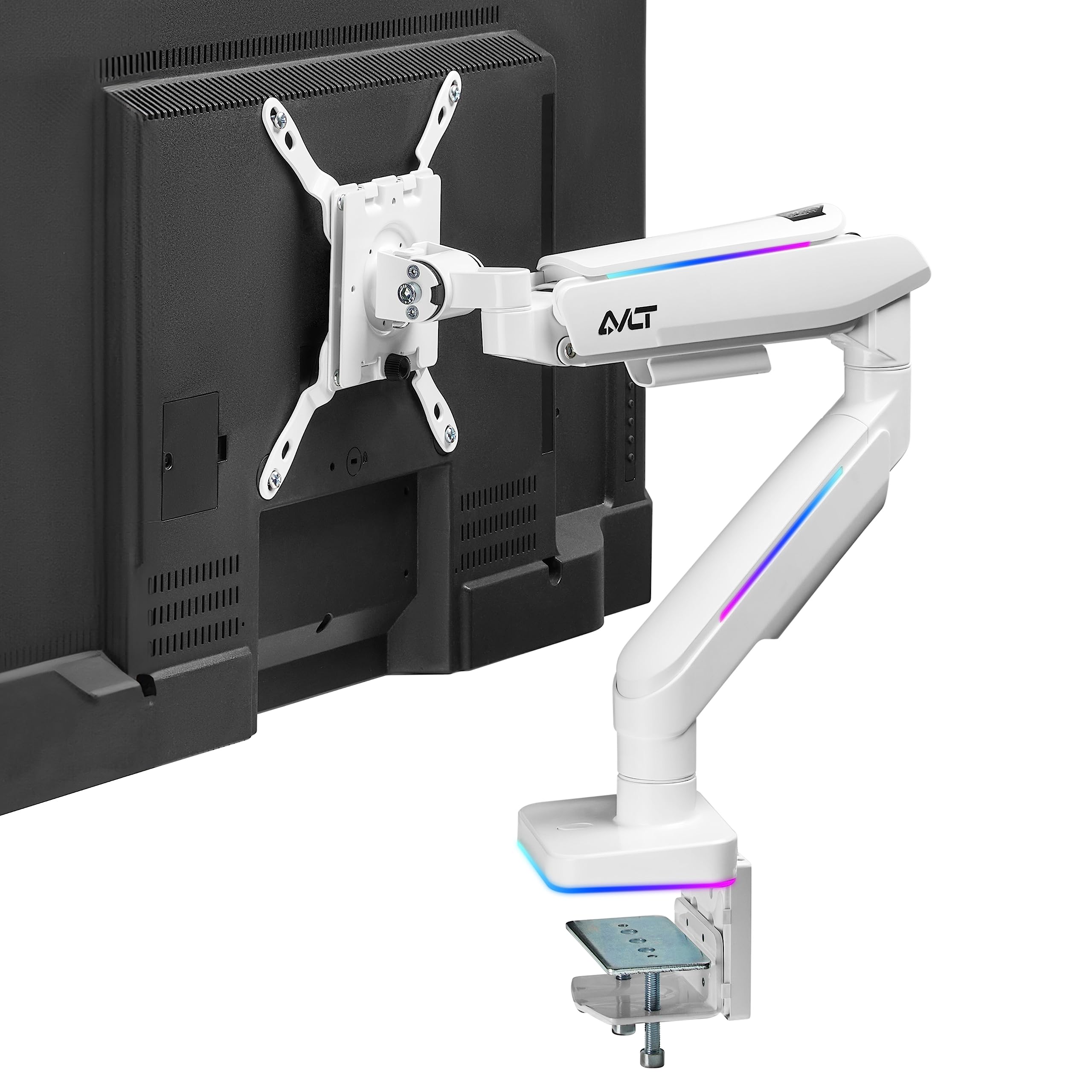 AVLT RGB Gaming Monitor Arm Stand - Adjustable Height, Swivel & Tilt for 17-43 inch Flat/Curved/Ultrawide Screens (Up to 44lbs/20kg) - White | Perfect for Home Office, Streaming Setup & Esports Gaming
