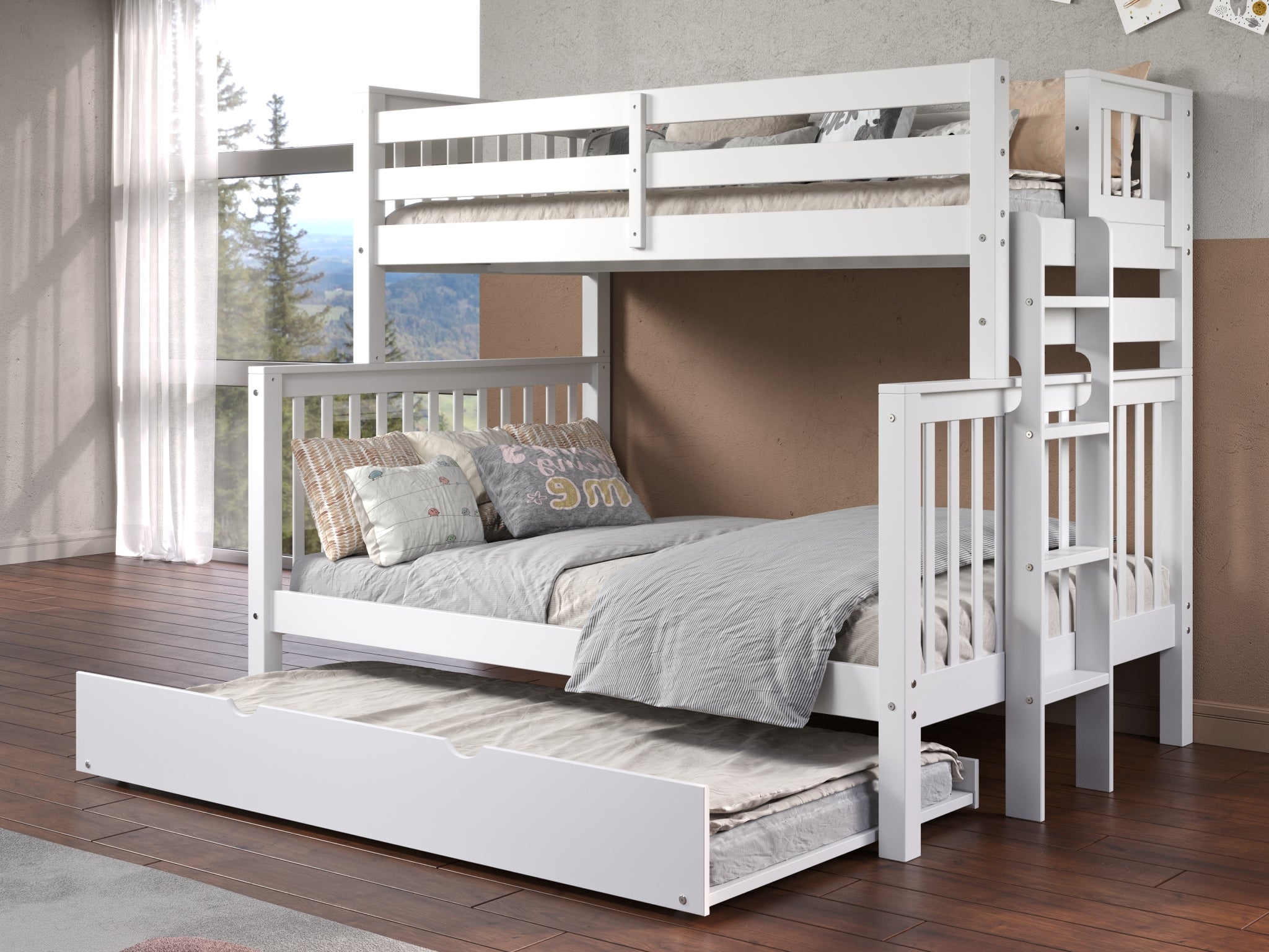 Twin Over Full Bunk Bed with Trundle - White Wooden Bunk Bed for Kids & Teens - Space Saving Bedroom Furniture for Small Rooms & Shared Spaces