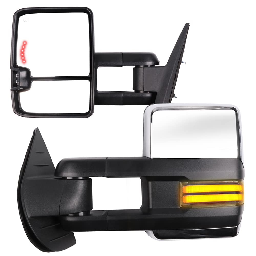 2008-2013 Chevy Silverado & GMC Sierra Towing Mirrors - Power Heated LED Turn Signal Running Lights, Chrome Housing (Left & Right Side) - Perfect for Towing Trailers, Boats & Campers