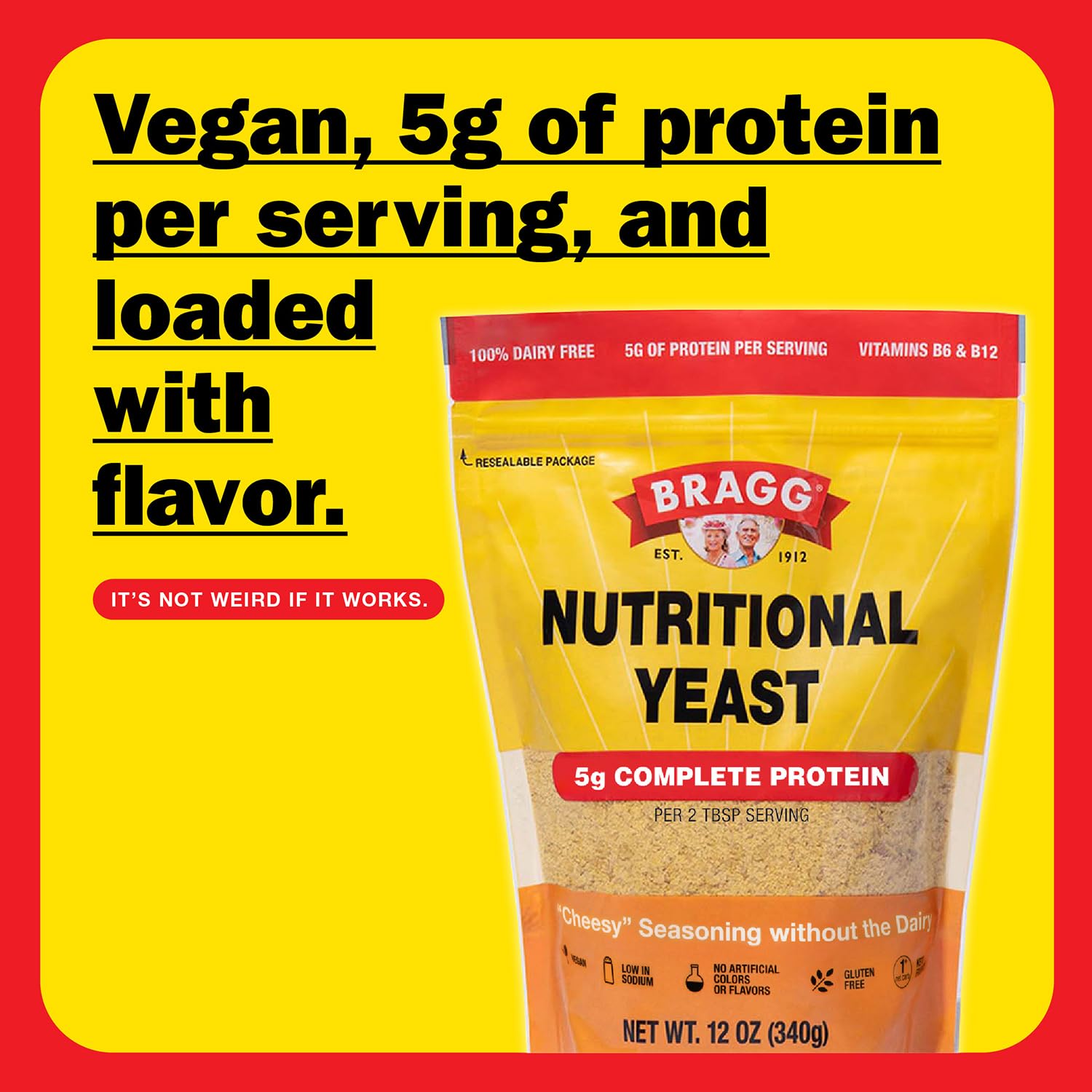 Bragg Premium Nutritional Yeast Seasoning - Vegan, Gluten-Free, High in Protein & Vitamins | Nutritious Parmesan Cheese Alternative | Original Flavor 12oz (Pack of 1) | Perfect for Popcorn, Pasta & Vegan Cooking