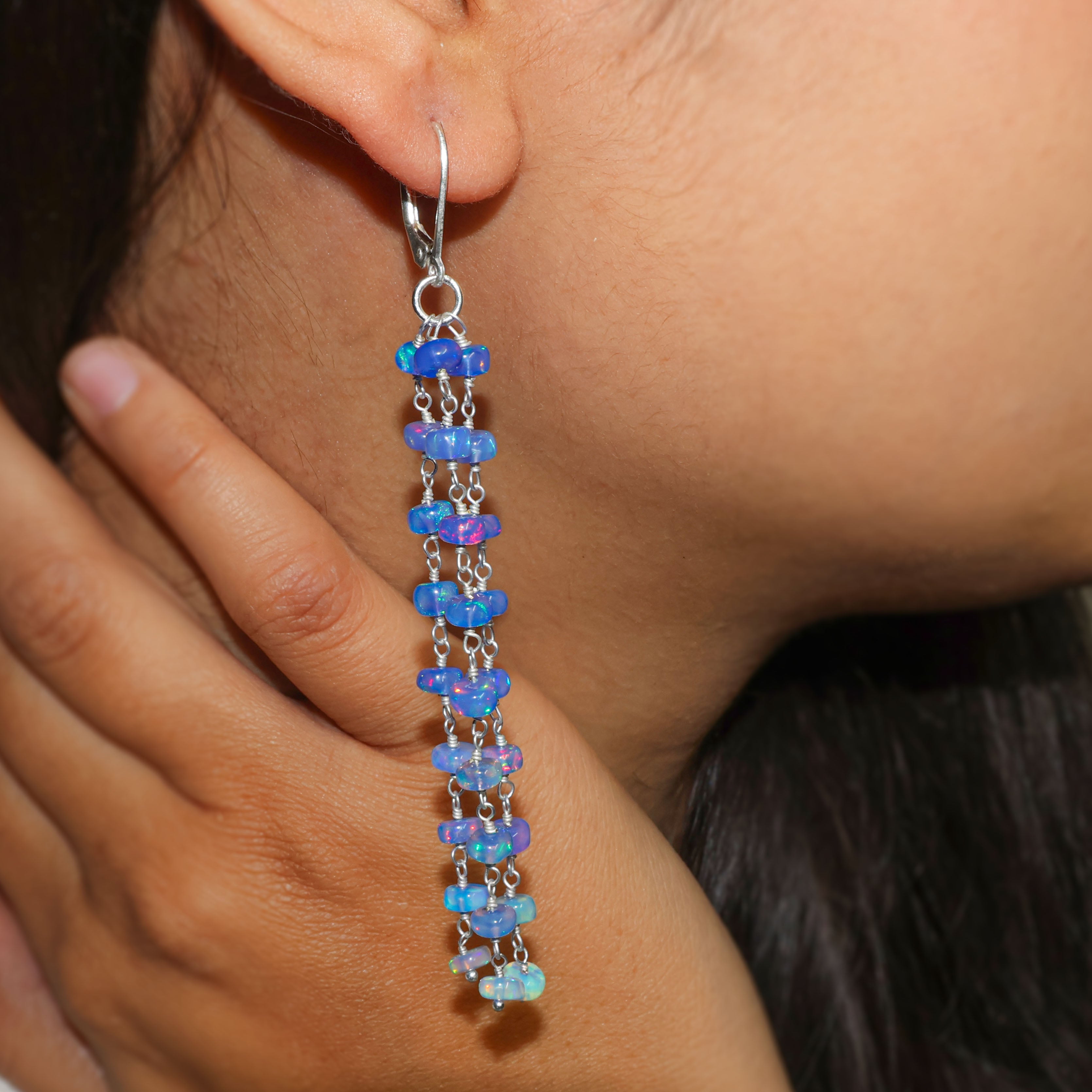 Natural Blue Opal 3 Line Dangle Drop Handmade Earrings for Women | Boho Chic Jewelry | Perfect for Weddings, Parties & Everyday Wear
