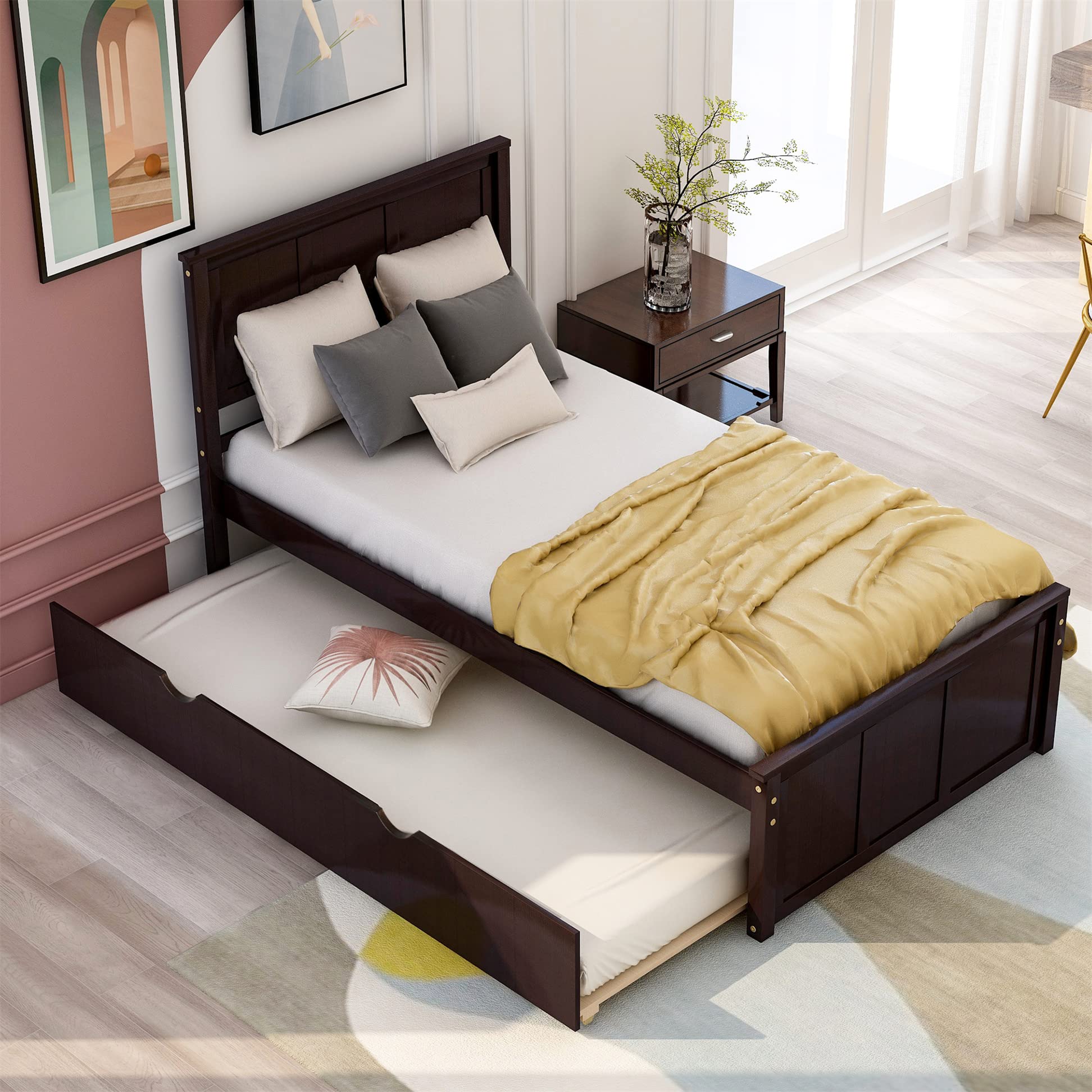 Harper & Bright Designs Twin Bed with Trundle - Solid Wood Platform Bed with Headboard for Kids, No Box Spring Needed (Espresso) | Perfect for Small Bedrooms, Guest Rooms & Kids' Sleepovers