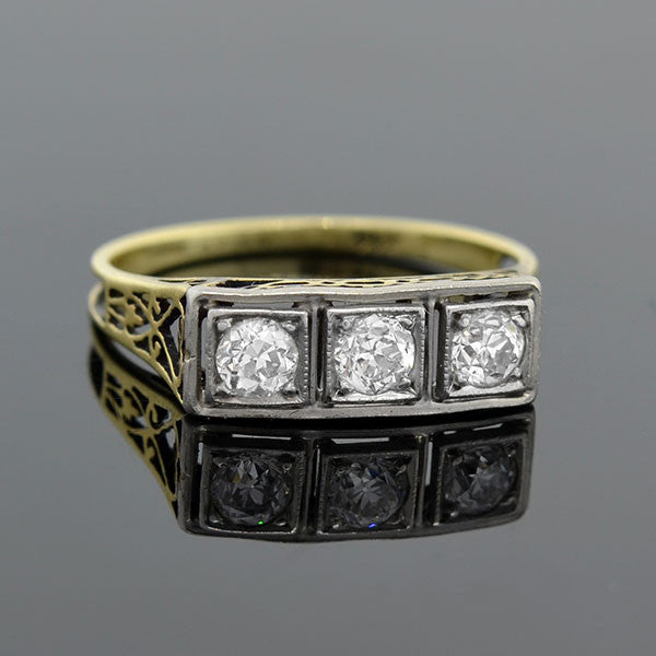 Edwardian 14K Gold Mixed Metals Diamond 3 Stone Filigree Ring 0.30ctw - Vintage Engagement Ring for Women, Wedding Band, Anniversary Gift