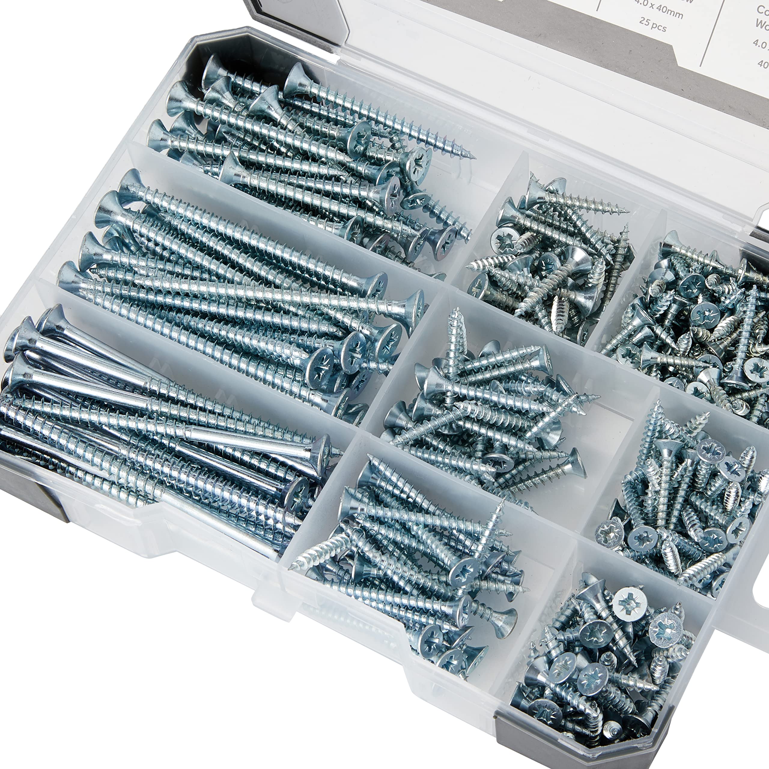 370 Countersunk Silver Woodscrews - 355pcs Mixed Tray for Woodworking, Furniture Assembly & DIY Projects | Rust-Resistant Fasteners for Cabinets, Decks & Home Repairs