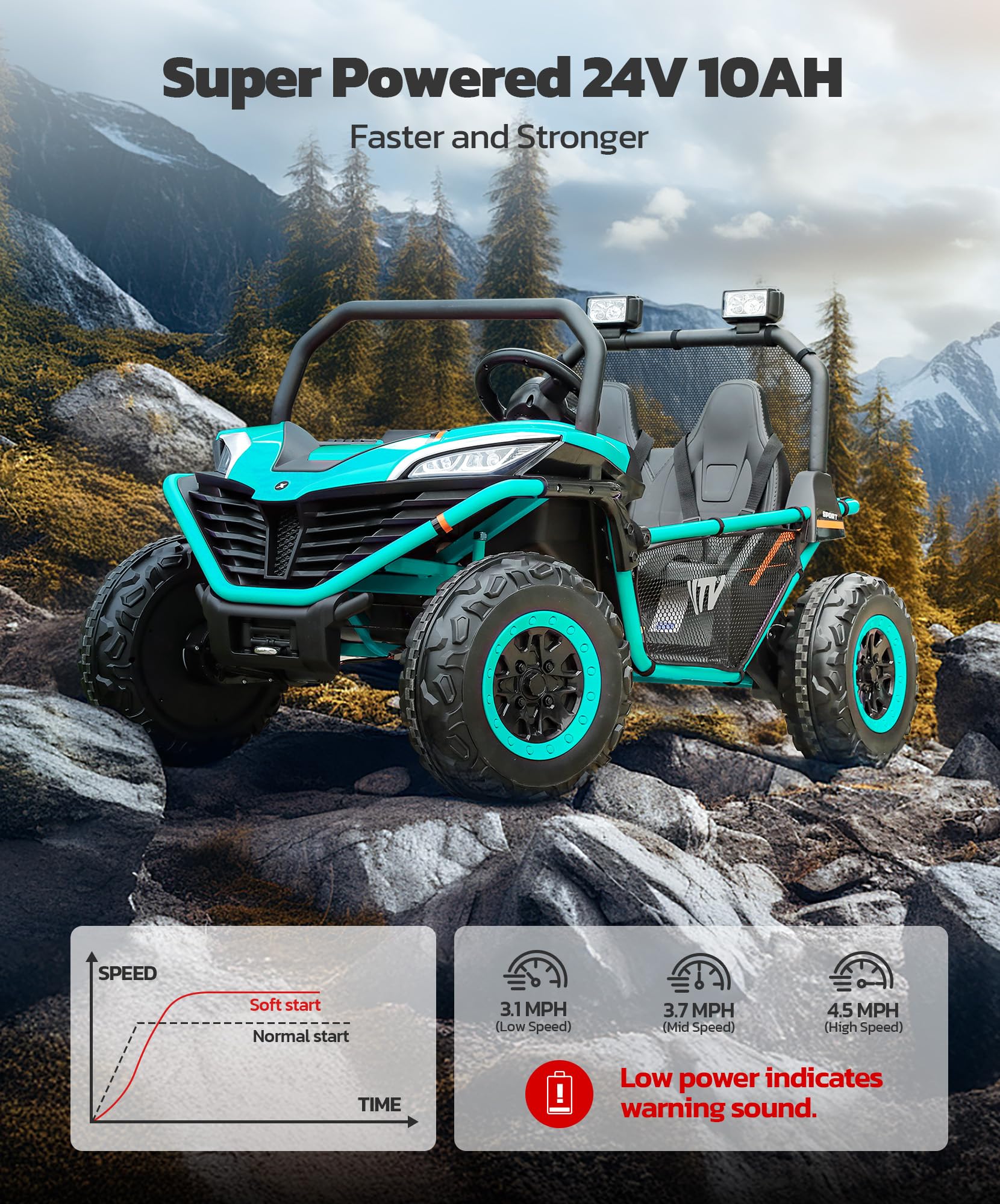 ELEMARA 24V 10AH 2 Seater Kids Electric Ride On Car - 4WD UTV Toy Truck with Remote Control, Bluetooth, LED Lights & 3 Speed Settings | Spring Suspension, Soft Seats & Storage Compartment | Perfect for Outdoor Play, Birthday Gifts & Family Fun (Green)
