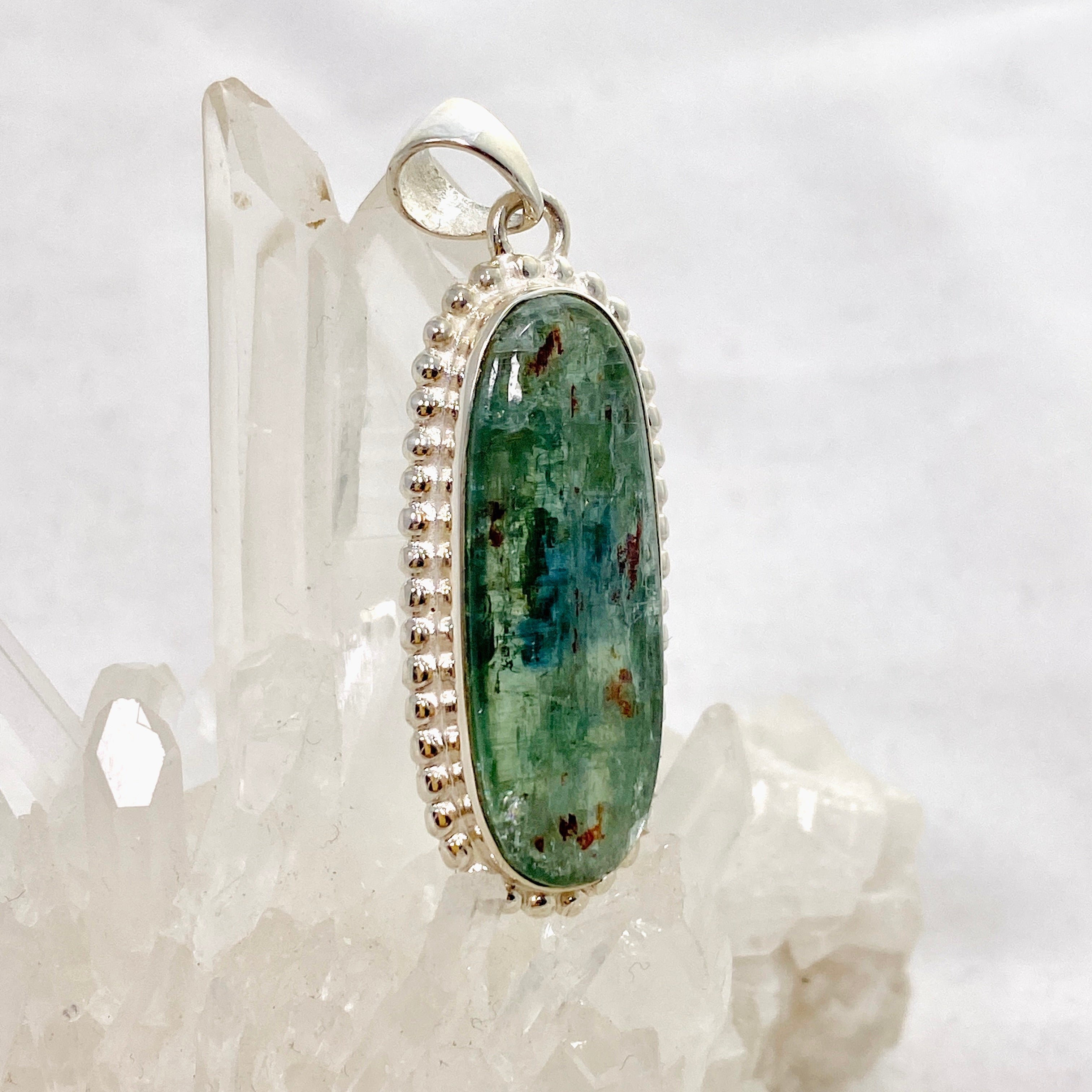 Natural Green Kyanite Oval Cabochon Pendant in Sterling Silver Setting - KPGJ4632 | Healing Crystal Jewelry for Meditation & Energy Work