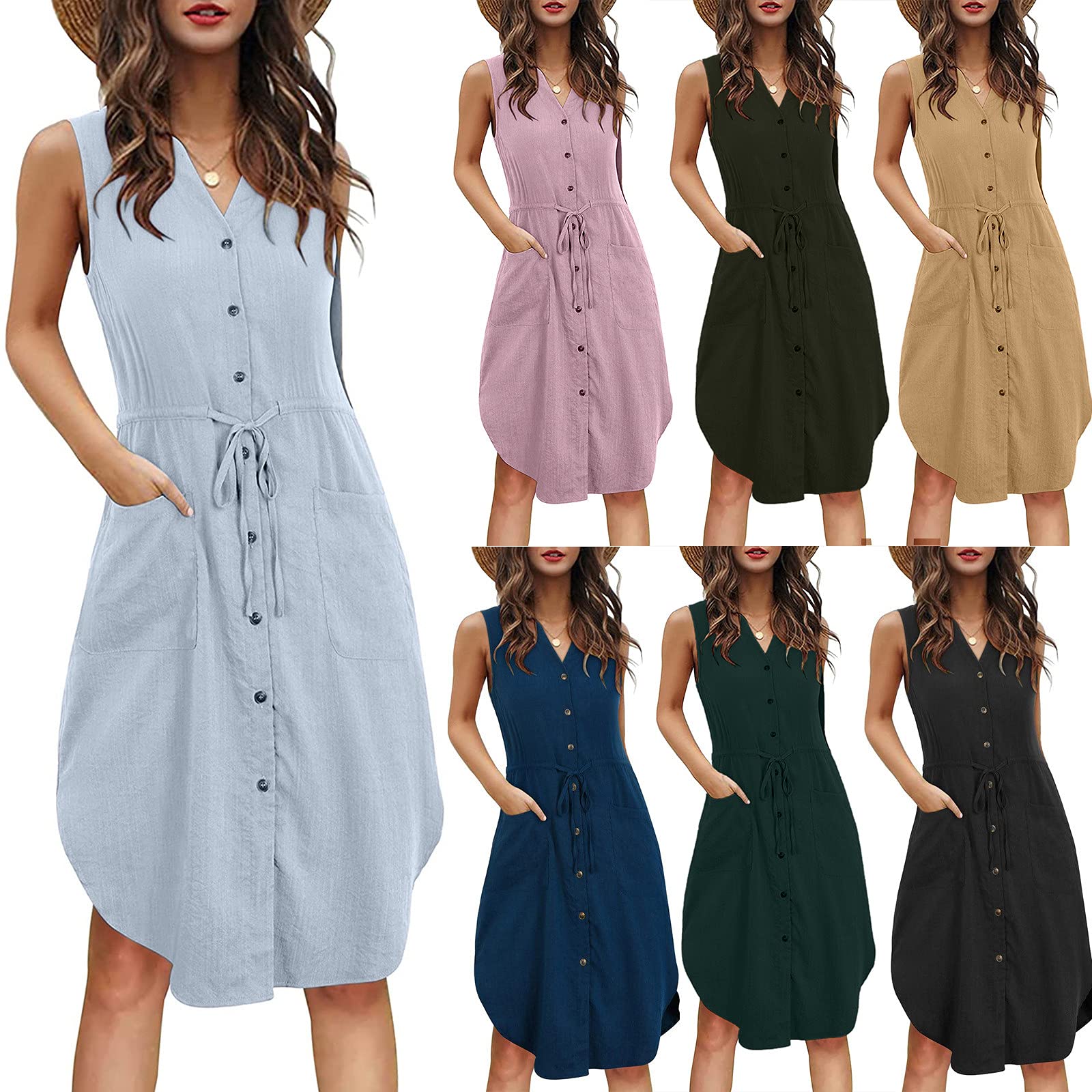 Women's Summer Casual Loose Solid Color Maxi Dress with Pockets - Sleeveless Split Long Dress for Beach, Vacation & Outdoor Activities