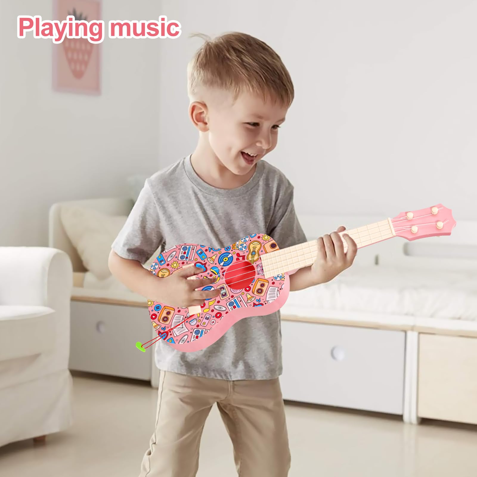 LeeQee 21-Inch Colorful Graffiti Ukulele Guitar for Kids - 4-String Beginner Musical Instrument with Picks, Perfect Learning Toy for Boys & Girls Ages 3-12 (Pink) | Great for Birthday Gifts, Music Lessons & Family Fun