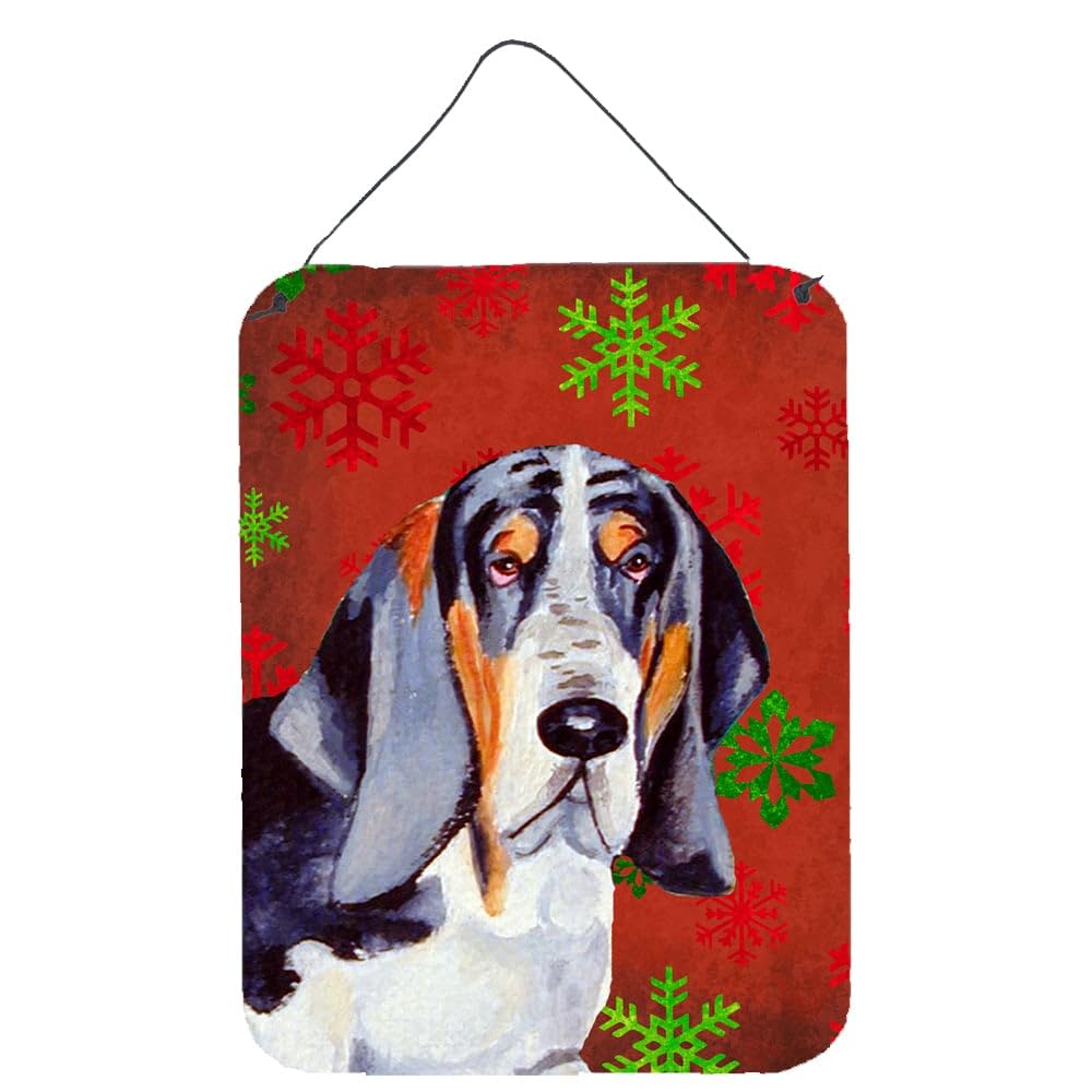 Caroline's Treasures Basset Hound Red & Green Snowflakes Holiday Metal Sign - Christmas Wall Decor, Kitchen Plaque, Front Door Hanging for Home, Bar & Bathroom - Festive Winter Home Décor