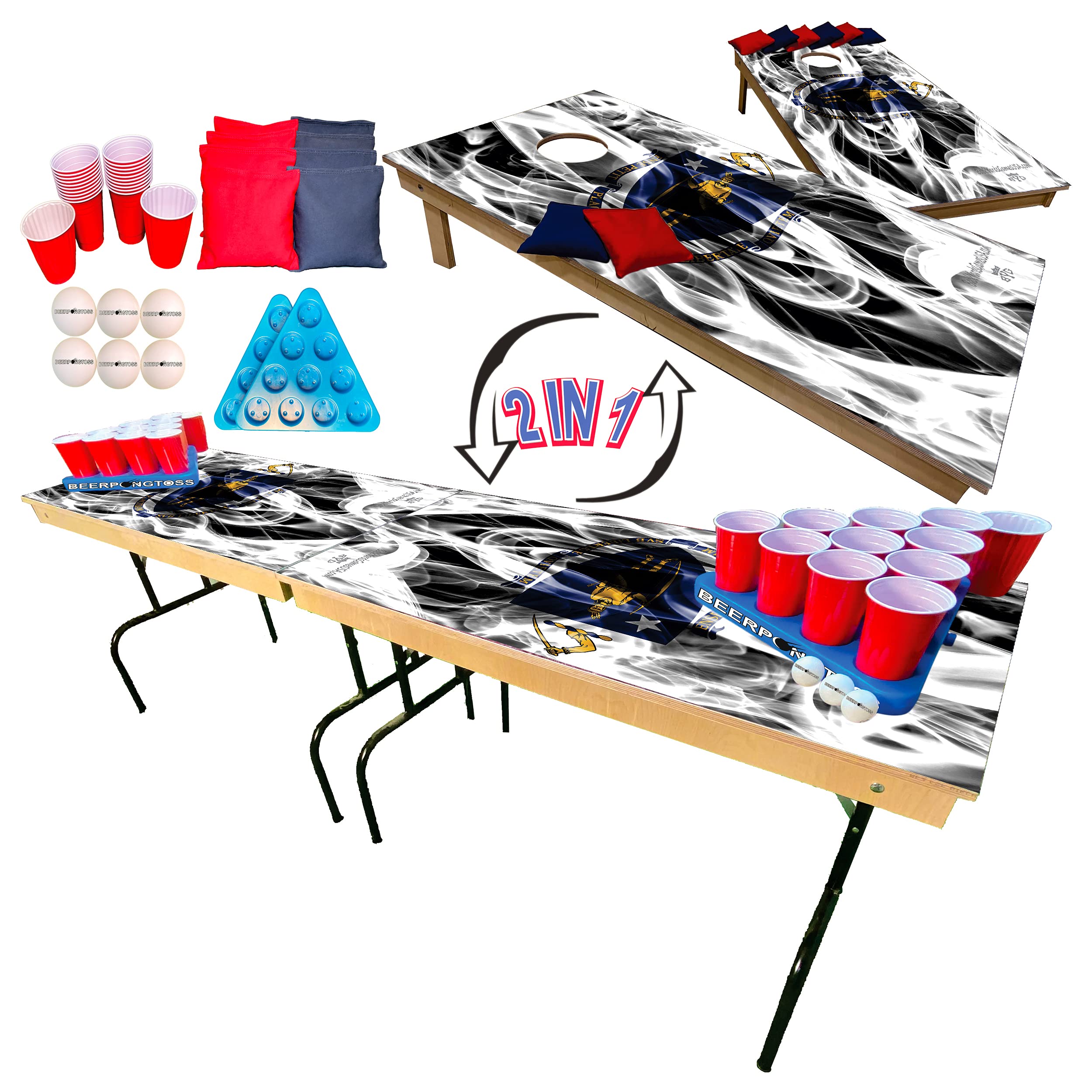2-in-1 Cornhole & Tailgate Pong Game Table Set with Massachusetts State Flag Design - 8ft Portable Outdoor Party Game for College Tailgating, Backyard BBQs & Camping - Includes 2 Cornhole Boards (4x2ft), 8 Bags, 22 Cups, 6 Balls & 2 Racks