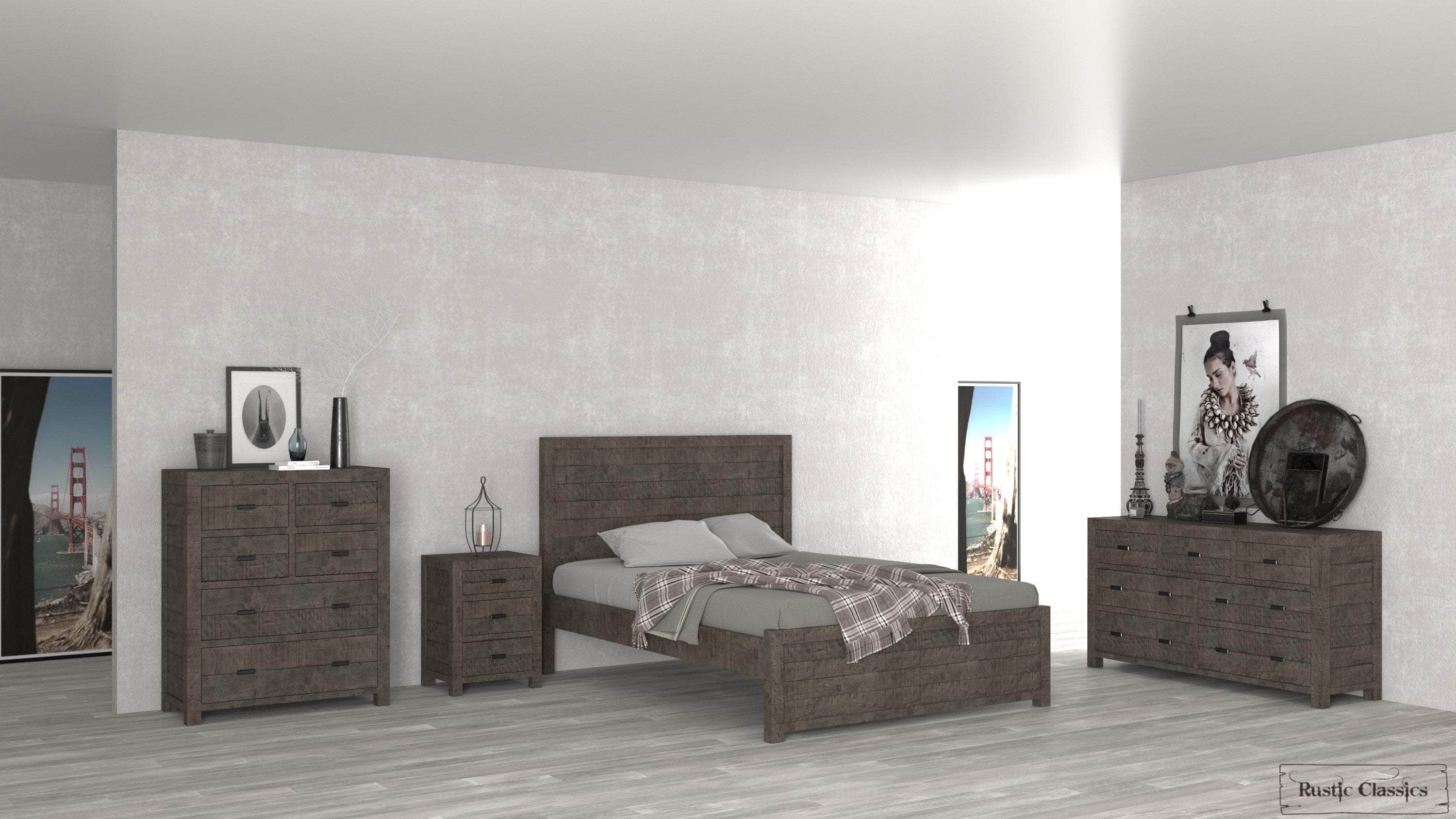 Whistler 4-Piece Reclaimed Wood Platform Bedroom Set in Grey - Queen/King Size - Rustic Modern Bed Frame with Nightstands & Dresser for Cozy Master Bedroom