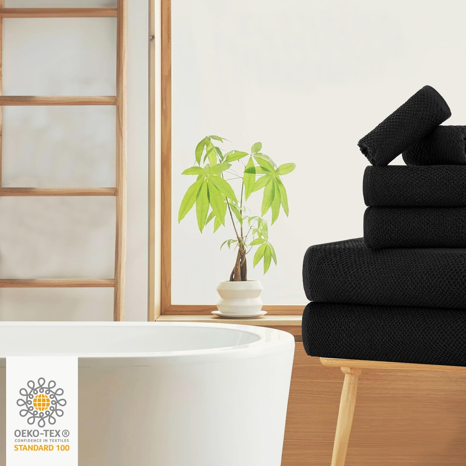 CASA COPENHAGEN 6-Piece Popcorn Textured Cotton Towel Set - 2 Bath Towels, 2 Hand Towels, 2 Washcloths (Black, 550 GSM) - Soft & Durable for Bathroom, Spa, Gym, and Beach Use - Perfect Gift Set for Home & Travel