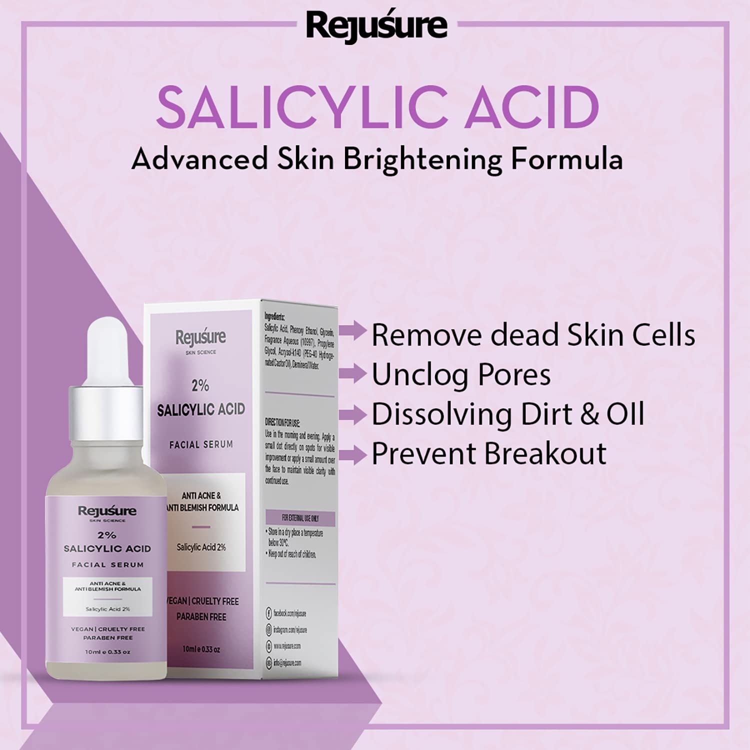 Rejusure 2% Salicylic Acid Face Serum for Acne, Blackheads & Oily Skin - Pore Minimizer & Oil Control Treatment - Dermatologist Tested, Cruelty Free (10ml) - Perfect for Daily Skincare Routine & Blemish-Prone Skin