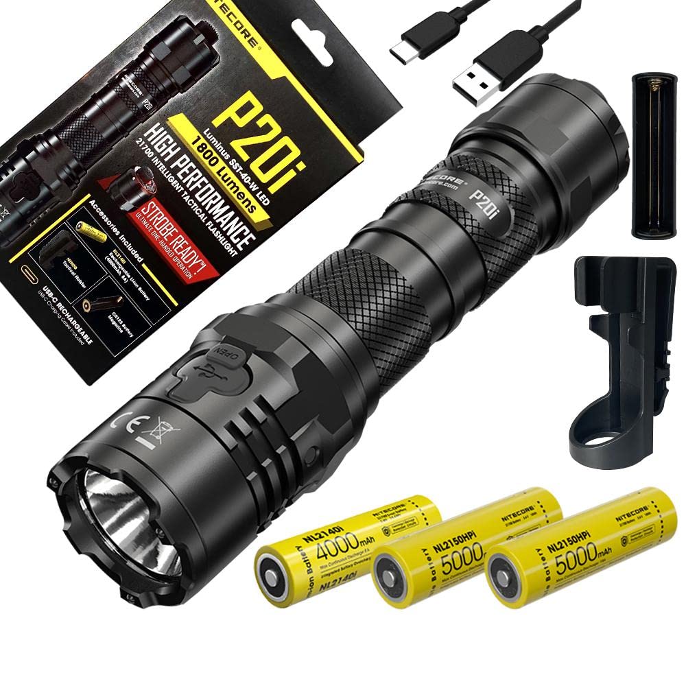 Nitecore P20i USB-C Rechargeable LED Flashlight 1800 Lumens with 2X 5000mAh Batteries & Premium Accessories - Tactical Flashlight for Camping, Hiking, Emergency, and Outdoor Adventures