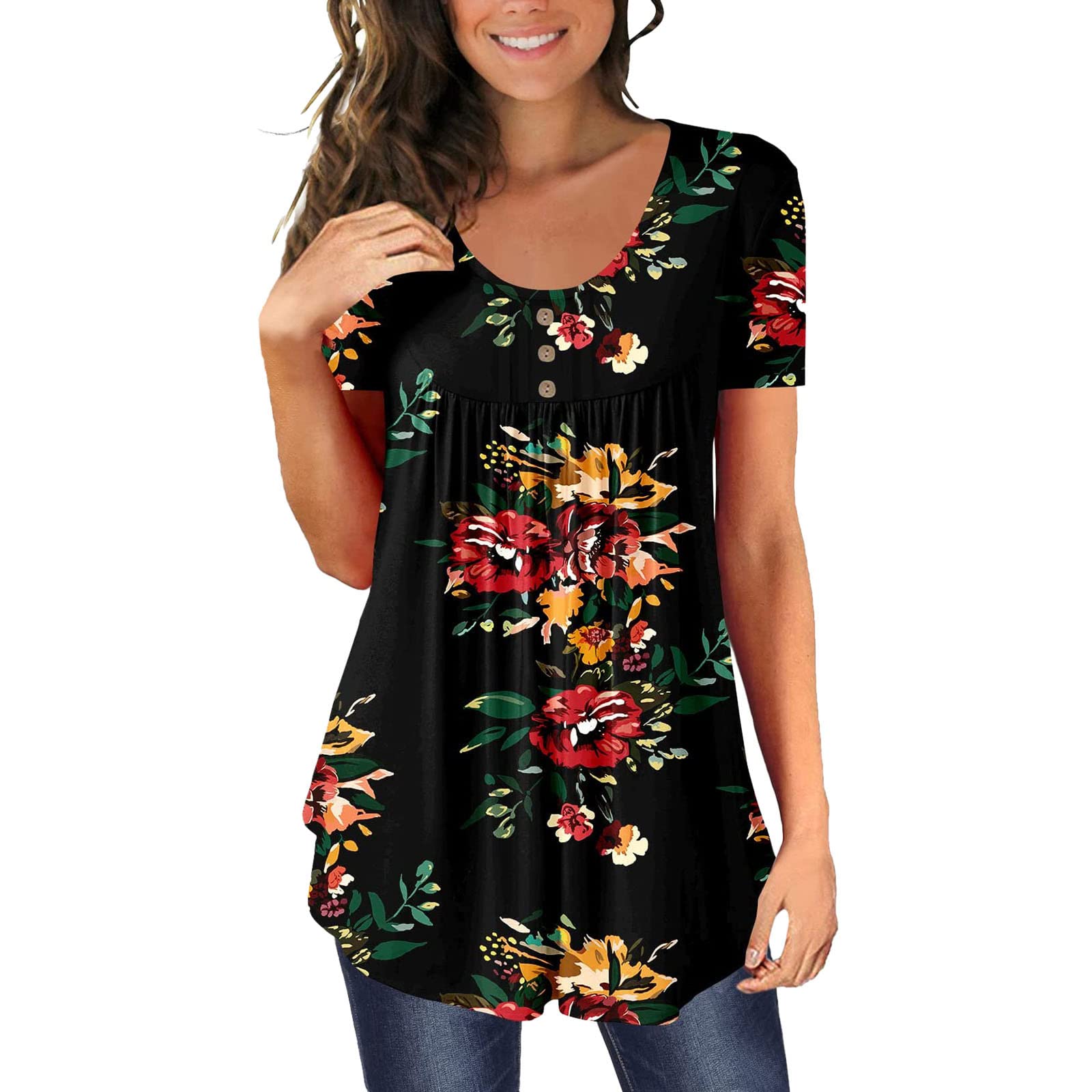 Women's Summer Casual Tops - Short Sleeve Button Print Tunic Tee Shirts | Dressy & Comfortable for Work, Weekend & Vacation Outfits