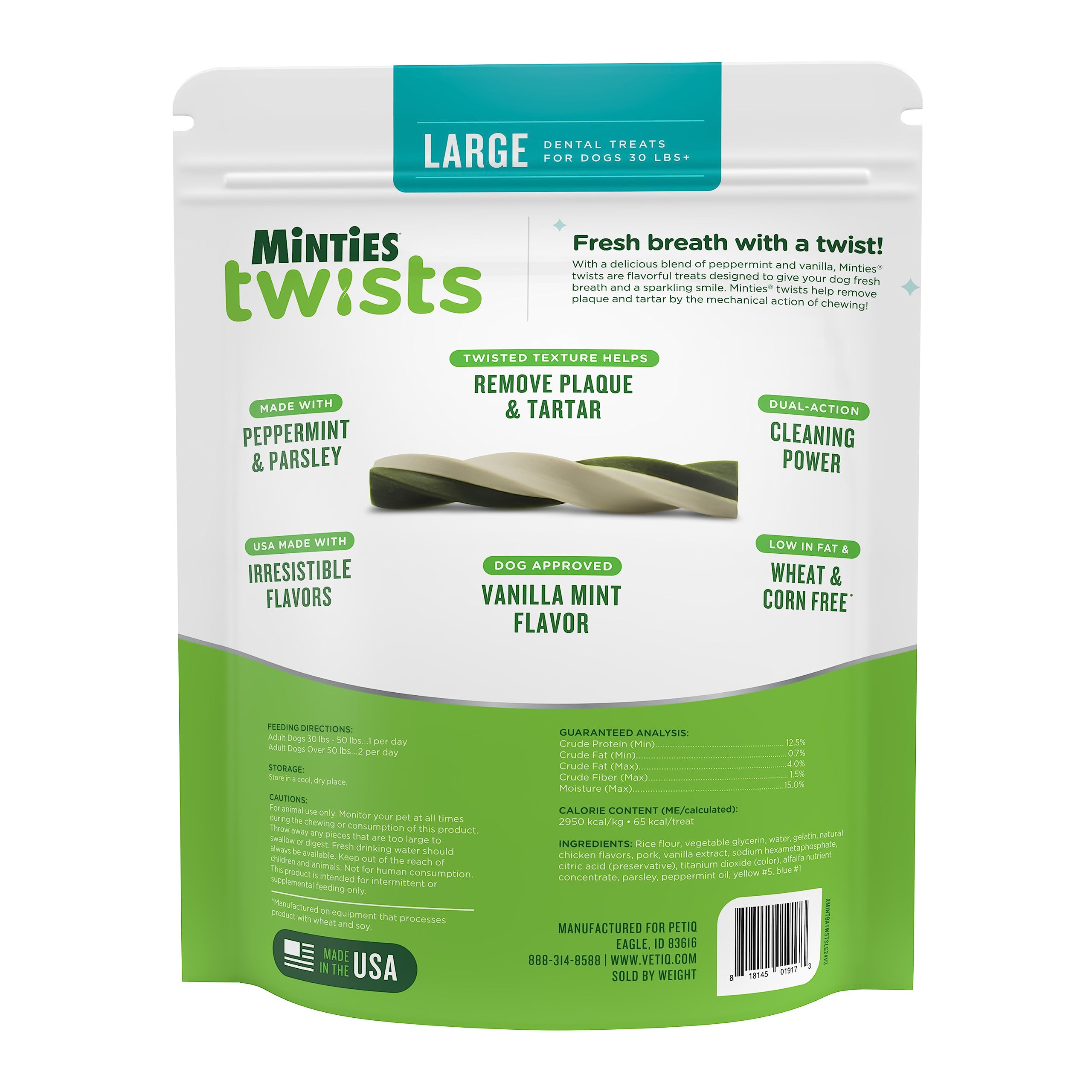 Minties Dental Twists for Dogs - Vet Recommended Vanilla Flavored Dental Chews for Teeth Cleaning, Bad Breath Control & Plaque Removal - 12oz Green Dog Treats (Pack of 1) - Perfect for Daily Oral Care & Puppy Dental Hygiene