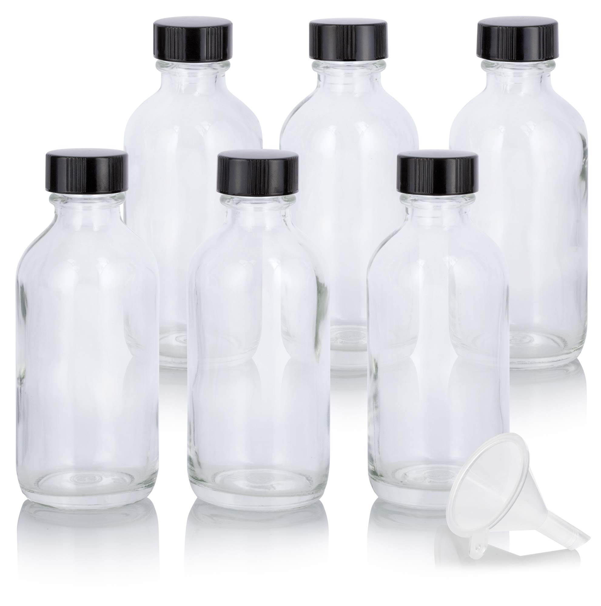 JUVITUS 2 oz Clear Glass Boston Round Bottle with Airtight Phenolic Cap (6 Pack) - Essential Oil, Perfume & DIY Storage Bottles - Perfect for Travel, Gifts & Craft Projects