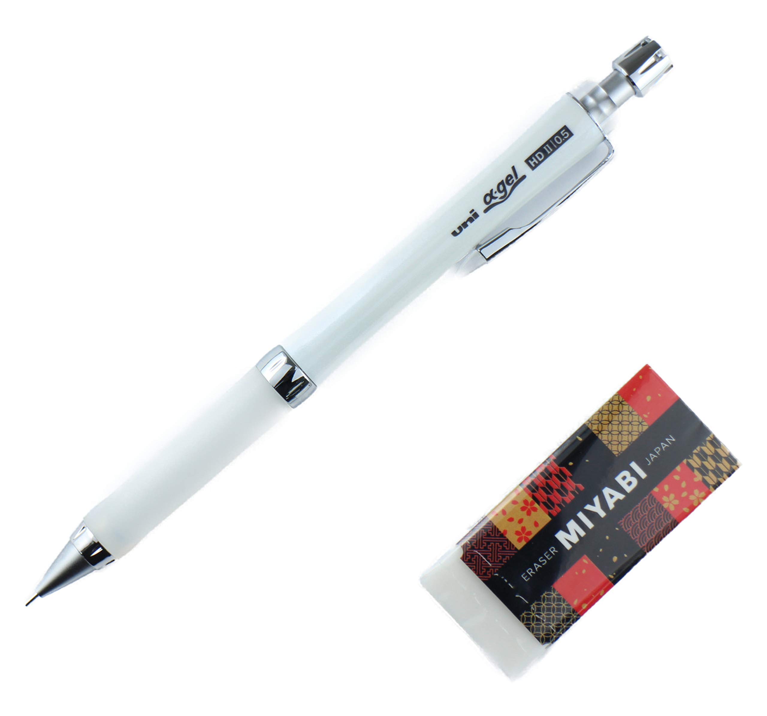 Uni Alpha Gel High-Density Comfort Grip Mechanical Pencil & Eraser Set - Slim Design (White/Black) for School, Office & Sketching - Smooth Writing & Erasing Experience