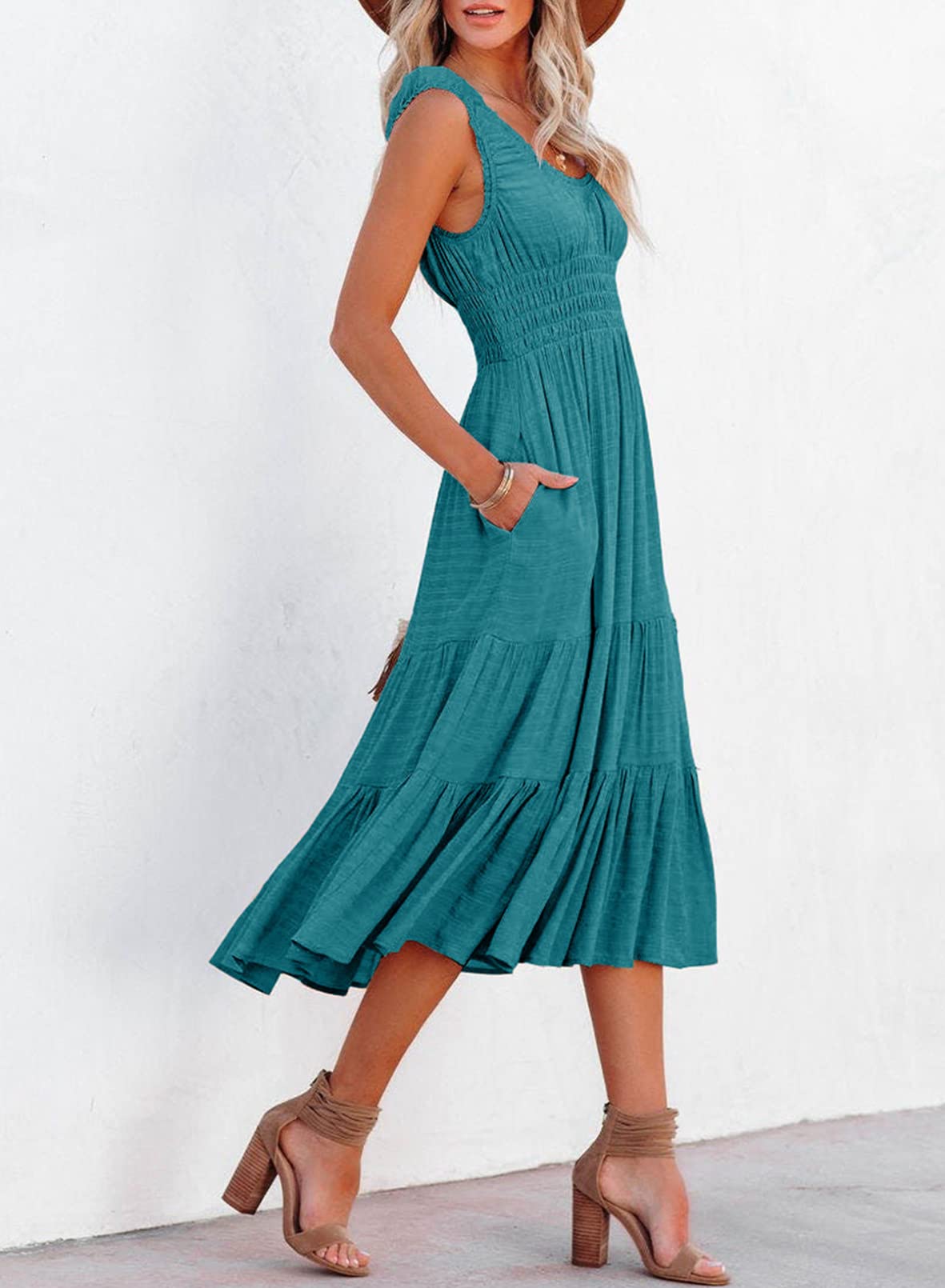 AlvaQ Women's Summer Sleeveless Smocked Midi Dress - High Waist A-Line Sundress with Pockets for Beach, Vacation & Casual Outings
