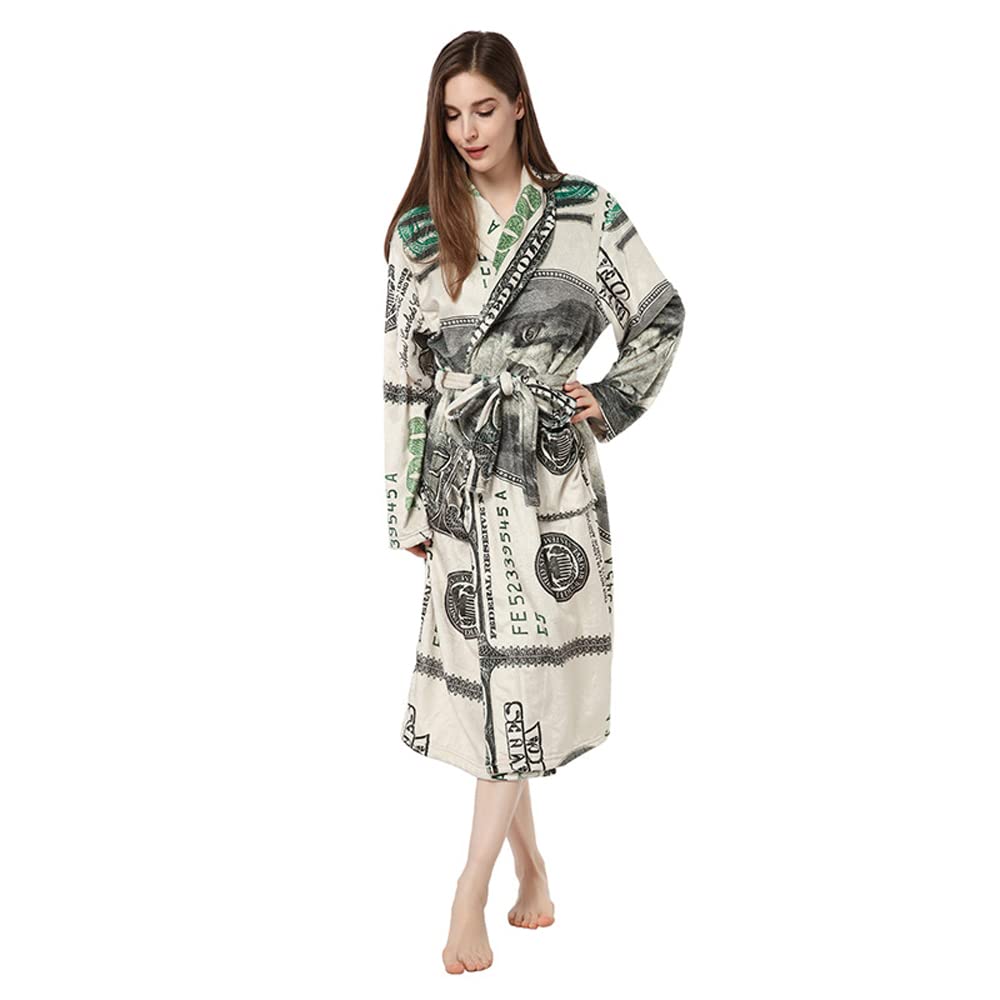Plus Size Flannel Pajamas for Women & Girls - Dollar Print Hooded Nightgown, Matching Couples Sleepwear Set with Bathrobe (Size A/S) - Cozy Winter Loungewear for Family Movie Nights