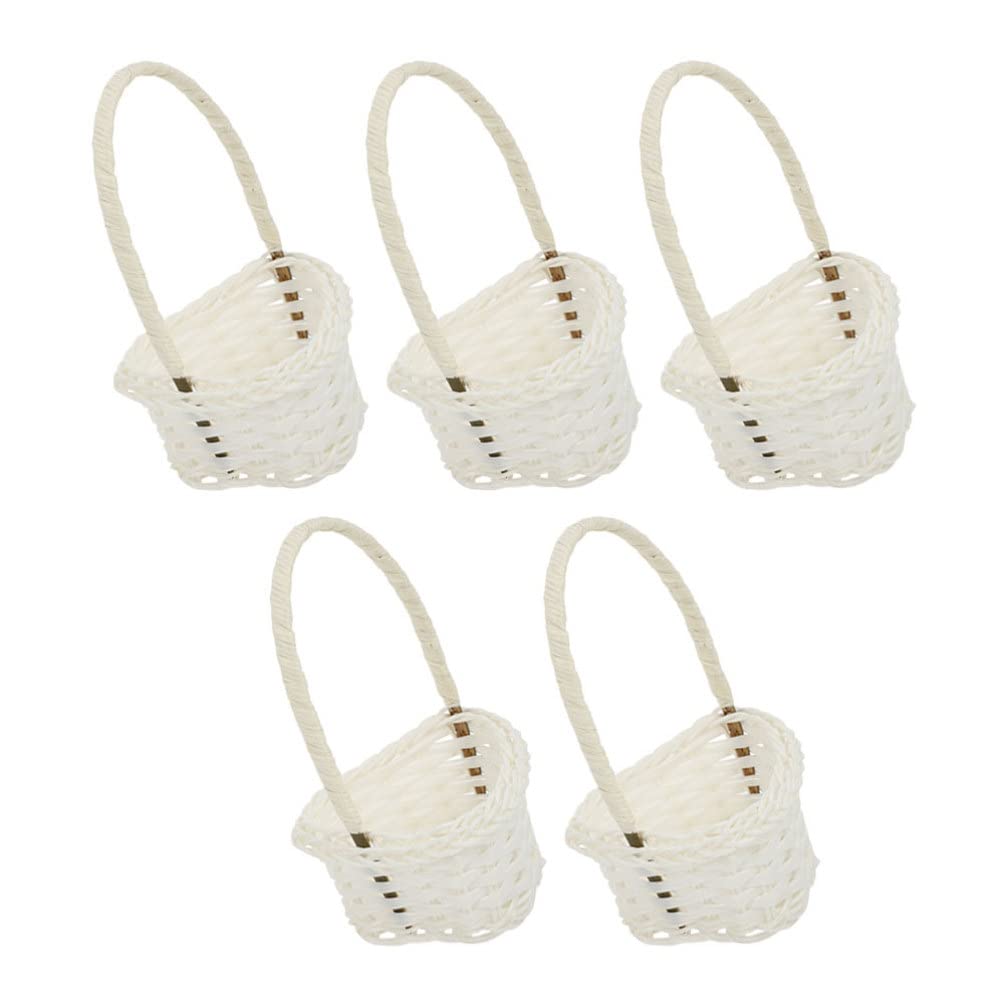 5-Piece Mini Woven Heart-Shaped Basket Set with Handles - Easter Egg Basket, Flower Picking Basket, Vegetable Basket for Wedding Favors, Party Decor, Farmhouse Crafts - Perfect for Spring Decor, Easter Gifts & Rustic Home Organization (White)