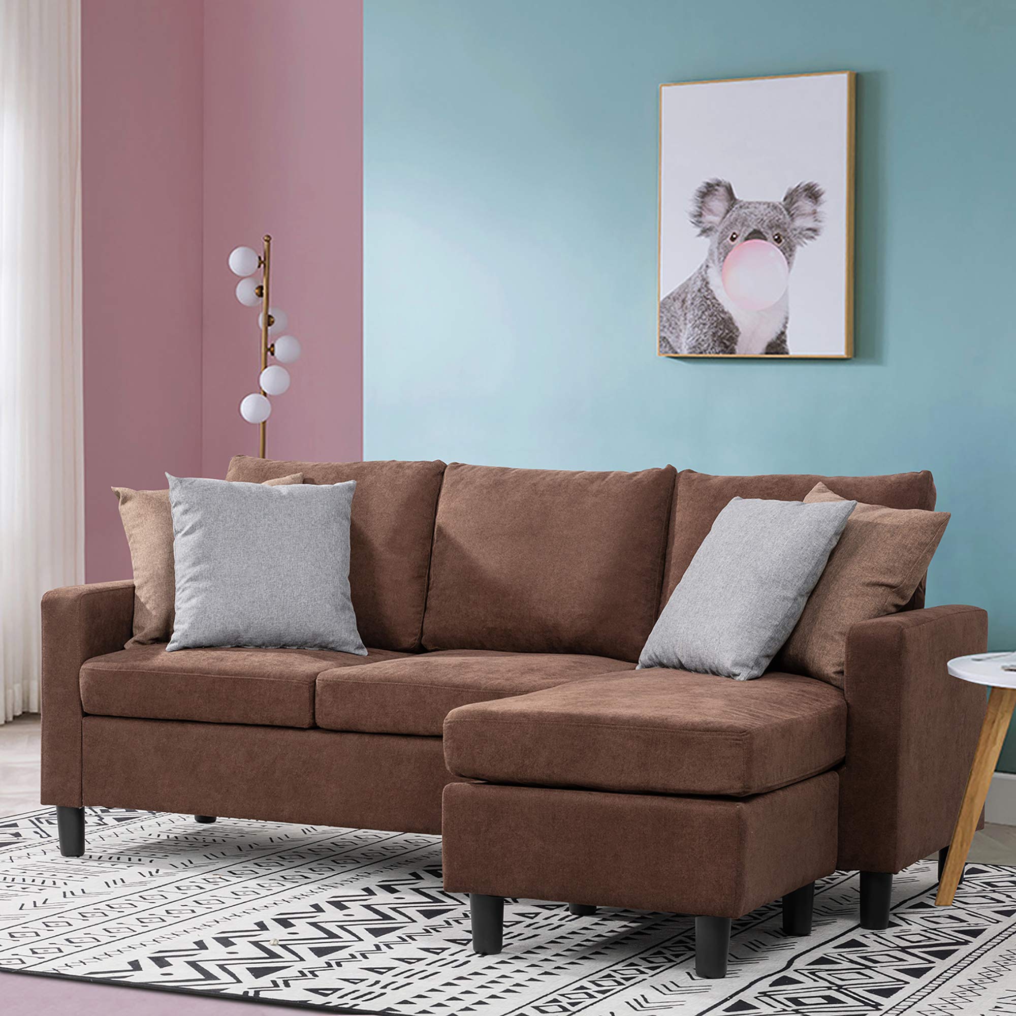 Walsunny Convertible Sectional Sofa for Small Spaces - L-Shaped Couch with Modern Linen Fabric in Brown | Space-Saving Living Room Furniture for Apartments & Condos