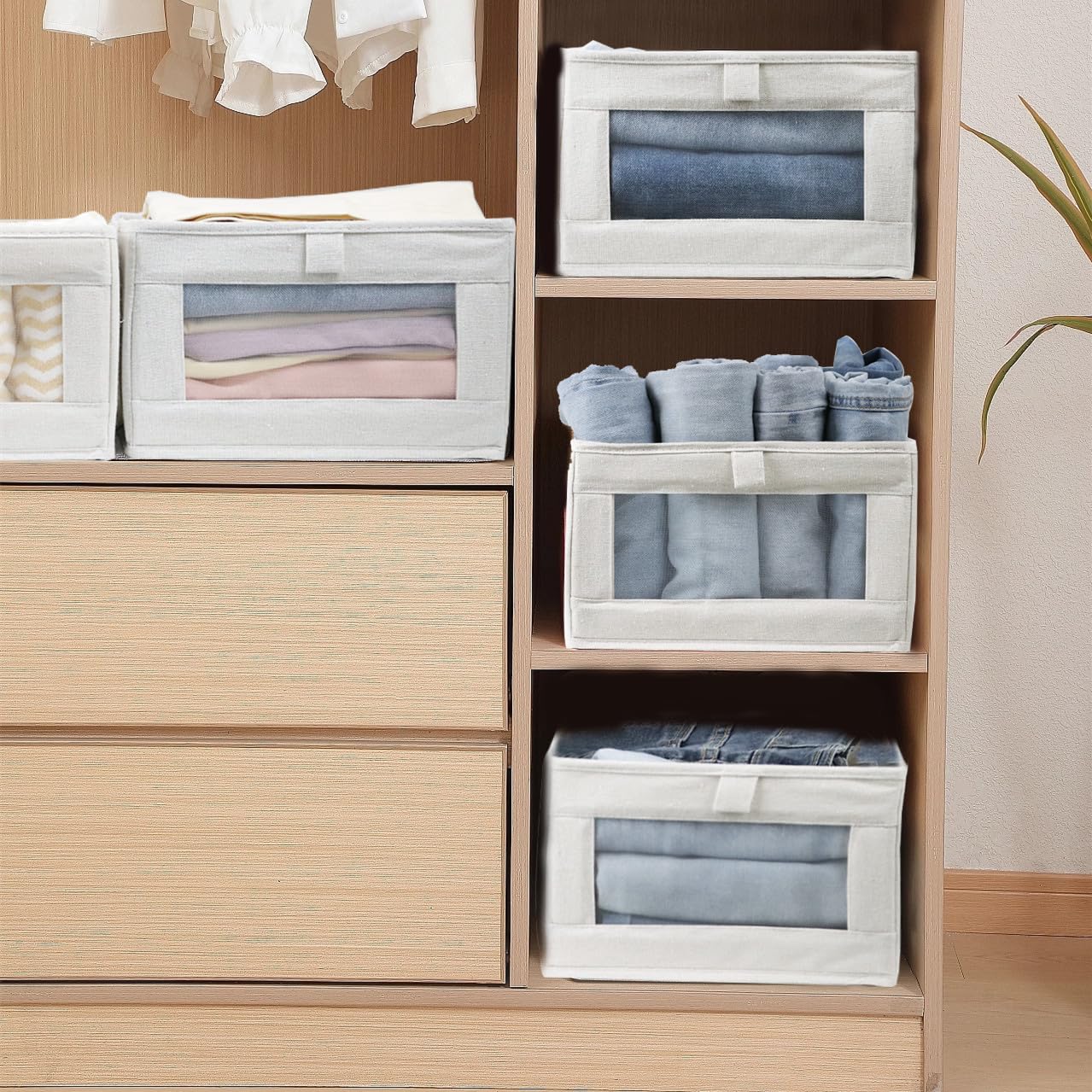 4 Pack Linen Storage Bins with Window - Large Fabric Storage Boxes & Baskets for Clothes, Toys, Books Organization | Perfect for Closet, Wardrobe, Shelves & Home Storage Solutions